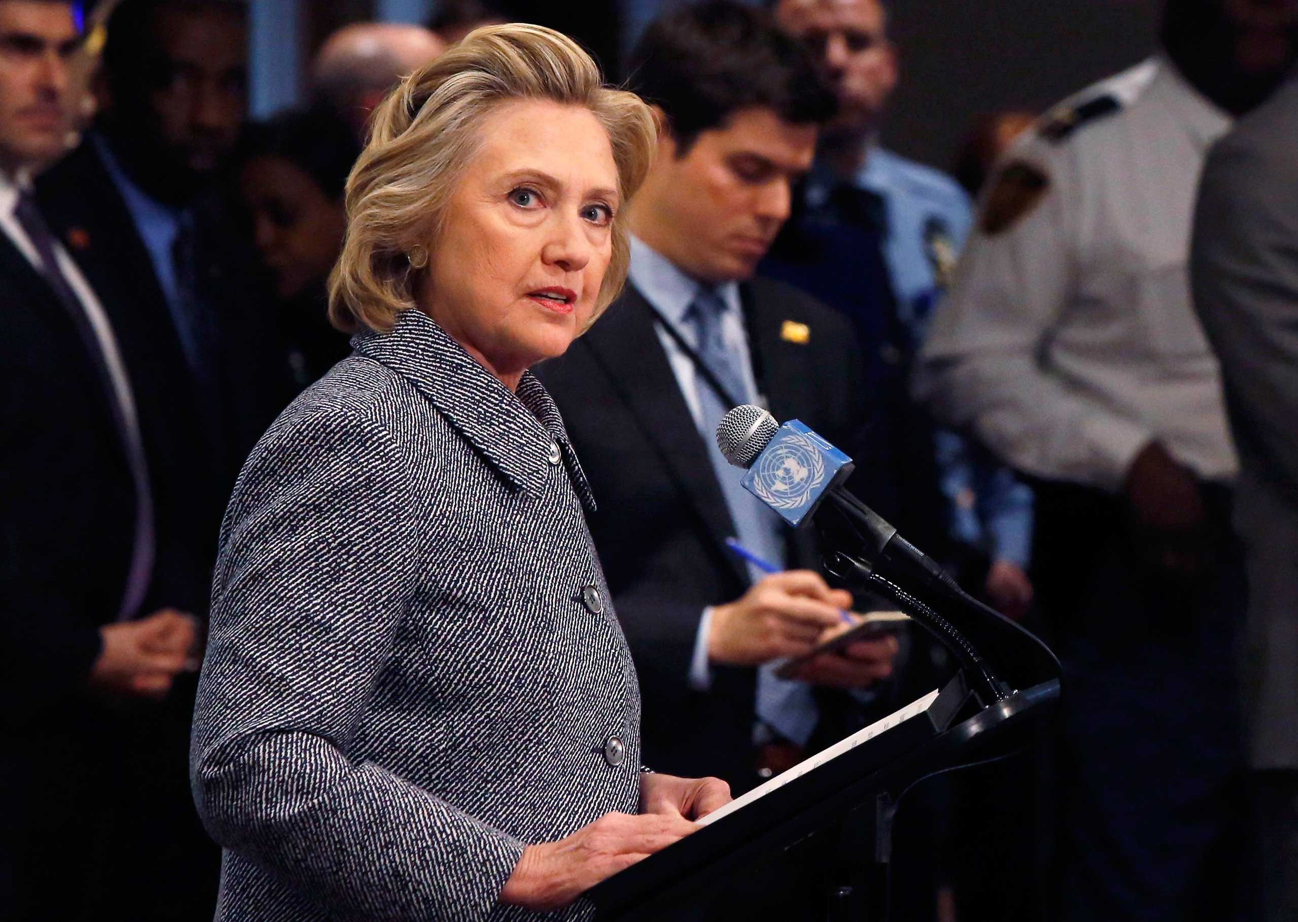 Former U.S. Secretary of State Hillary Clinton speaks during a news conference at the United Nations in New York, March 10, 2015.