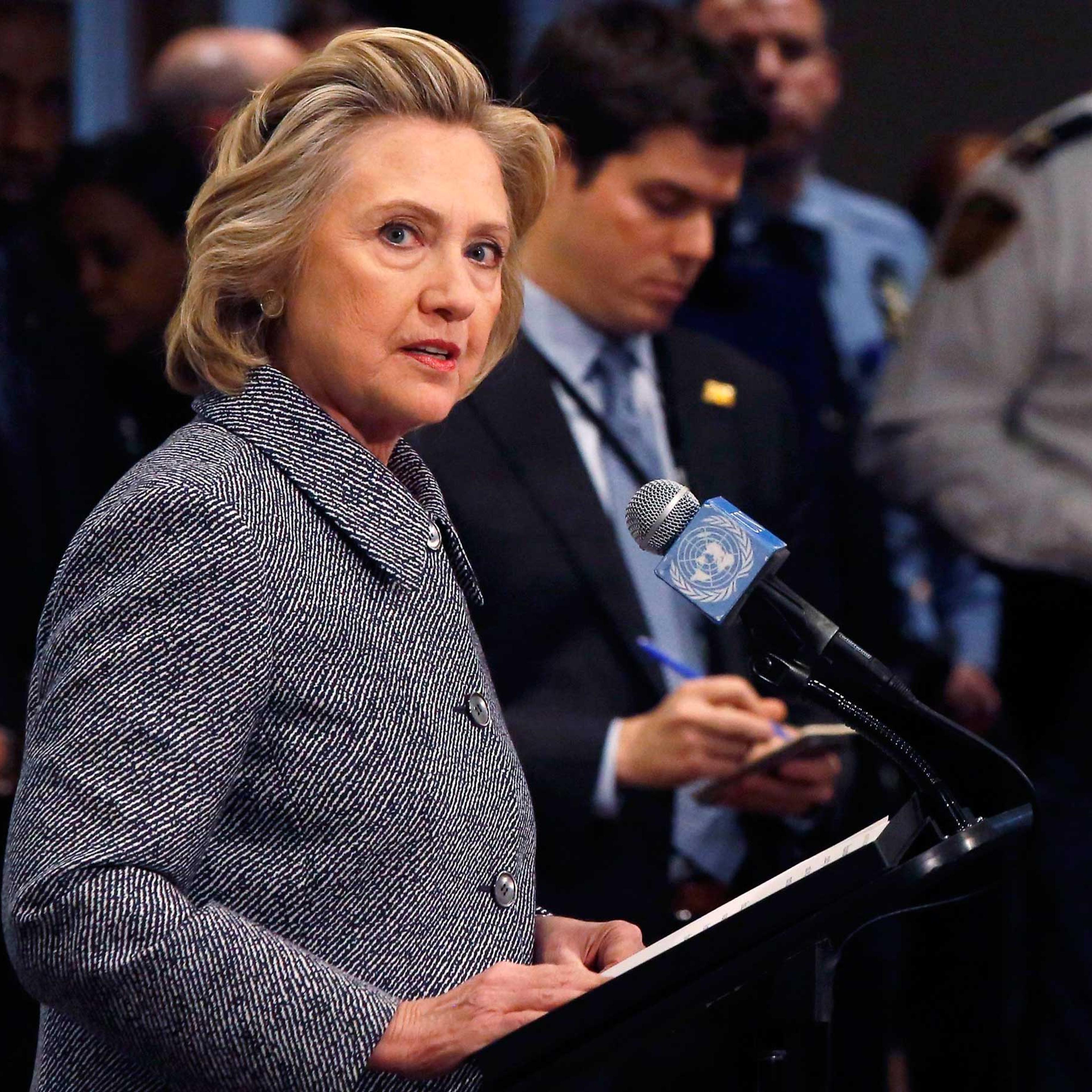 Former U.S. Secretary of State Hillary Clinton speaks during a news conference at the United Nations in New York, March 10, 2015.