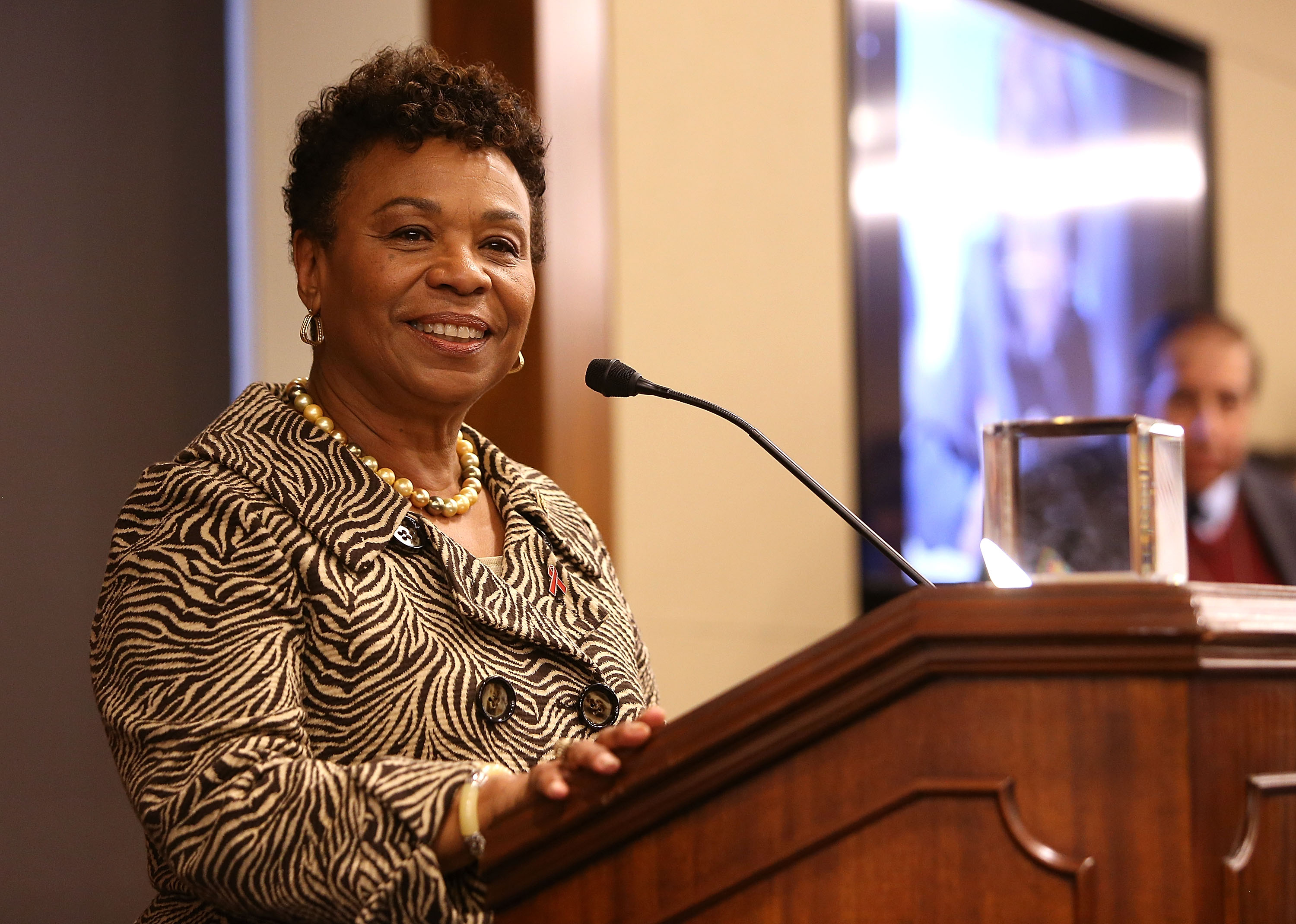 Rep. Barbara Lee (D-CA) accepts the Elizabeth Taylor Legislative Leadership Award at the AIDSWatch 2016 Positive Leadership Award Reception at the Rayburn House Office Building in Washington, D.C., on Feb. 29, 2016.