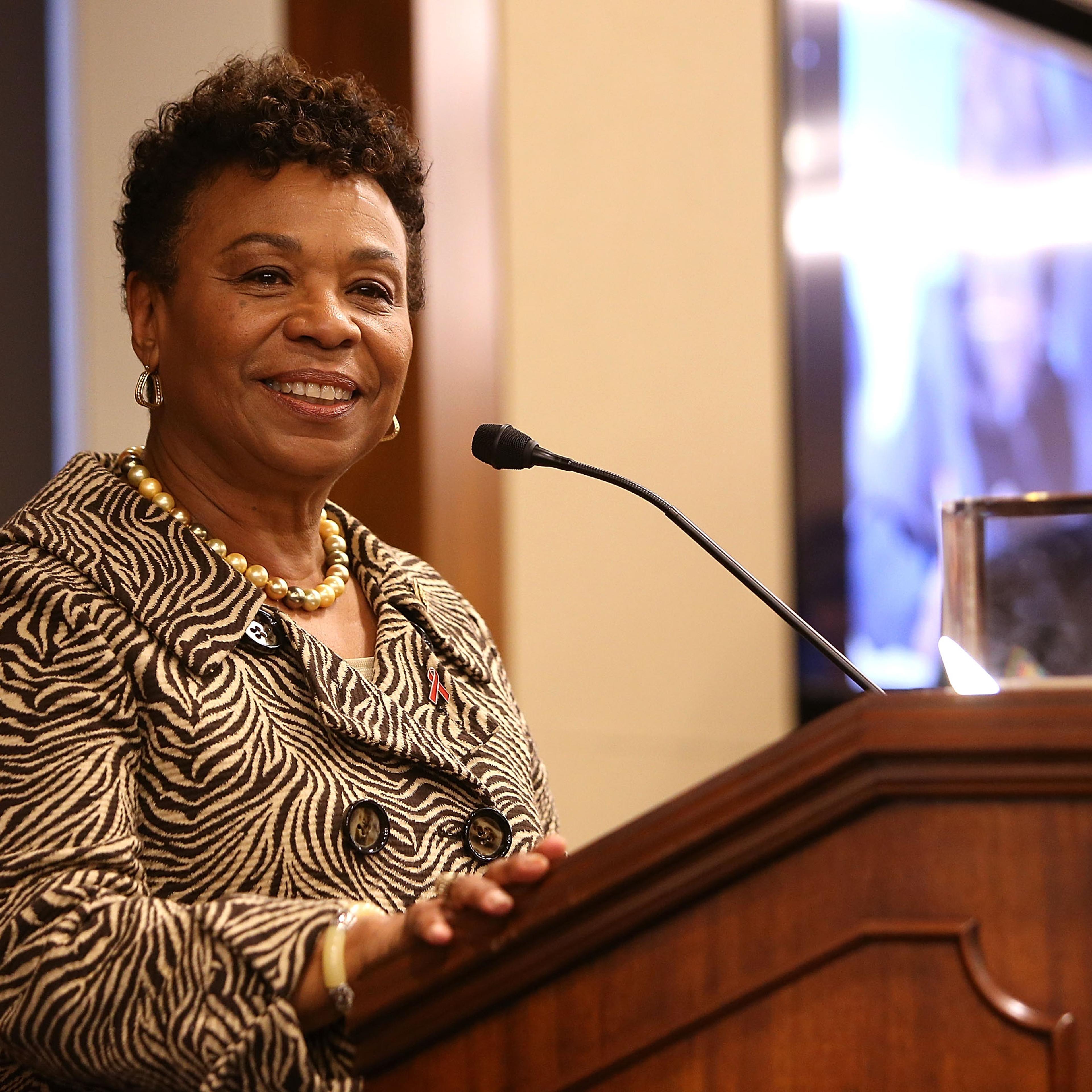Rep. Barbara Lee (D-CA) accepts the Elizabeth Taylor Legislative Leadership Award at the AIDSWatch 2016 Positive Leadership Award Reception at the Rayburn House Office Building in Washington, D.C., on Feb. 29, 2016.