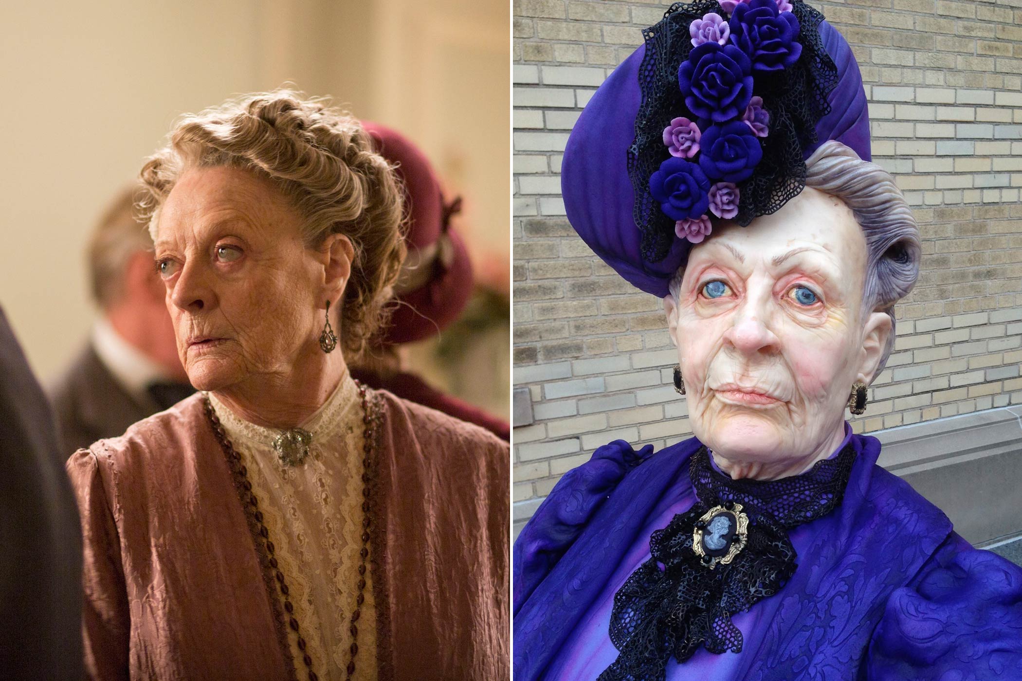 From left: Maggie Smith as the Dowager Countess in <i>Downton Abbey</i>; Dowager Countess cake by Karen Portaleo