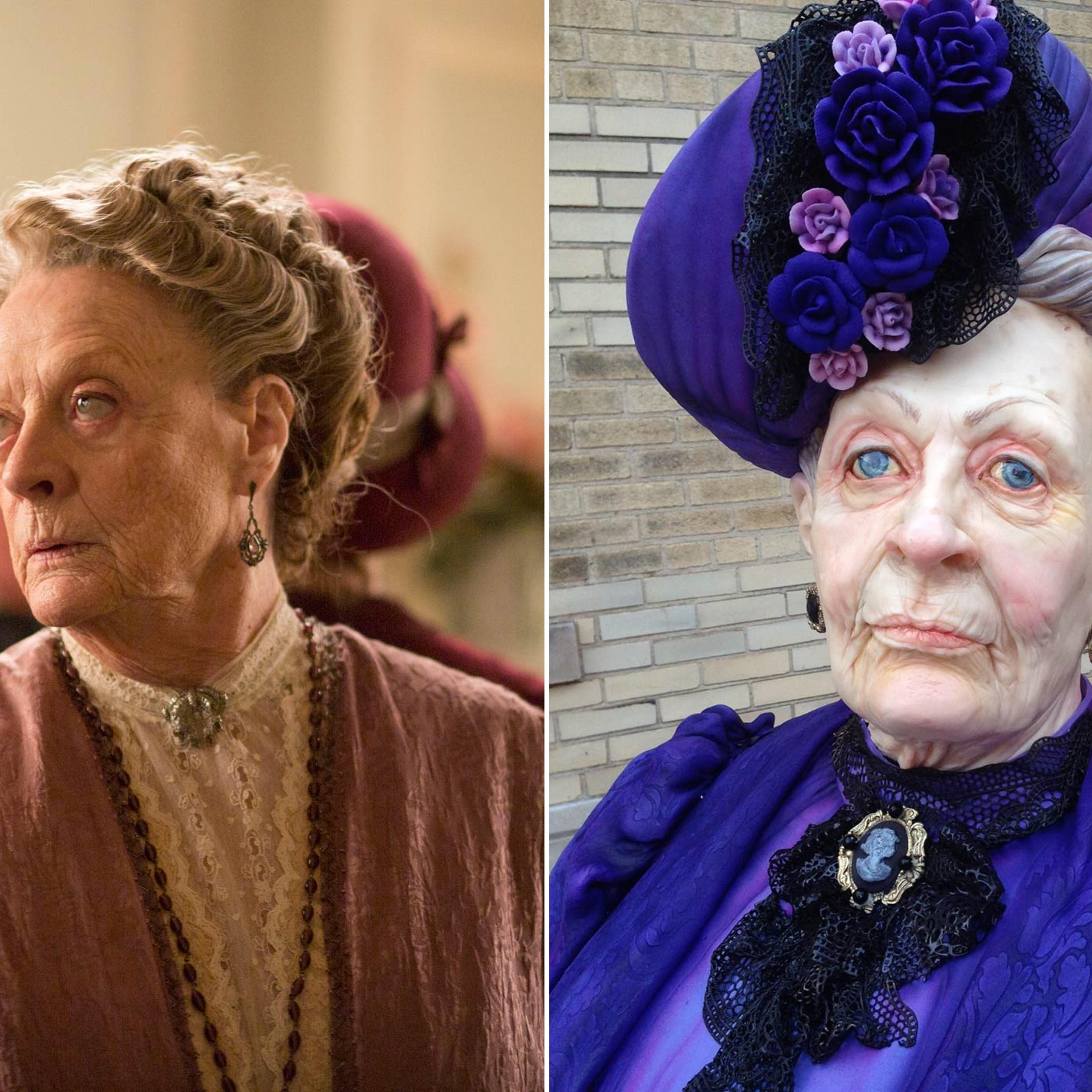 From left: Maggie Smith as the Dowager Countess in <i>Downton Abbey</i>; Dowager Countess cake by Karen Portaleo