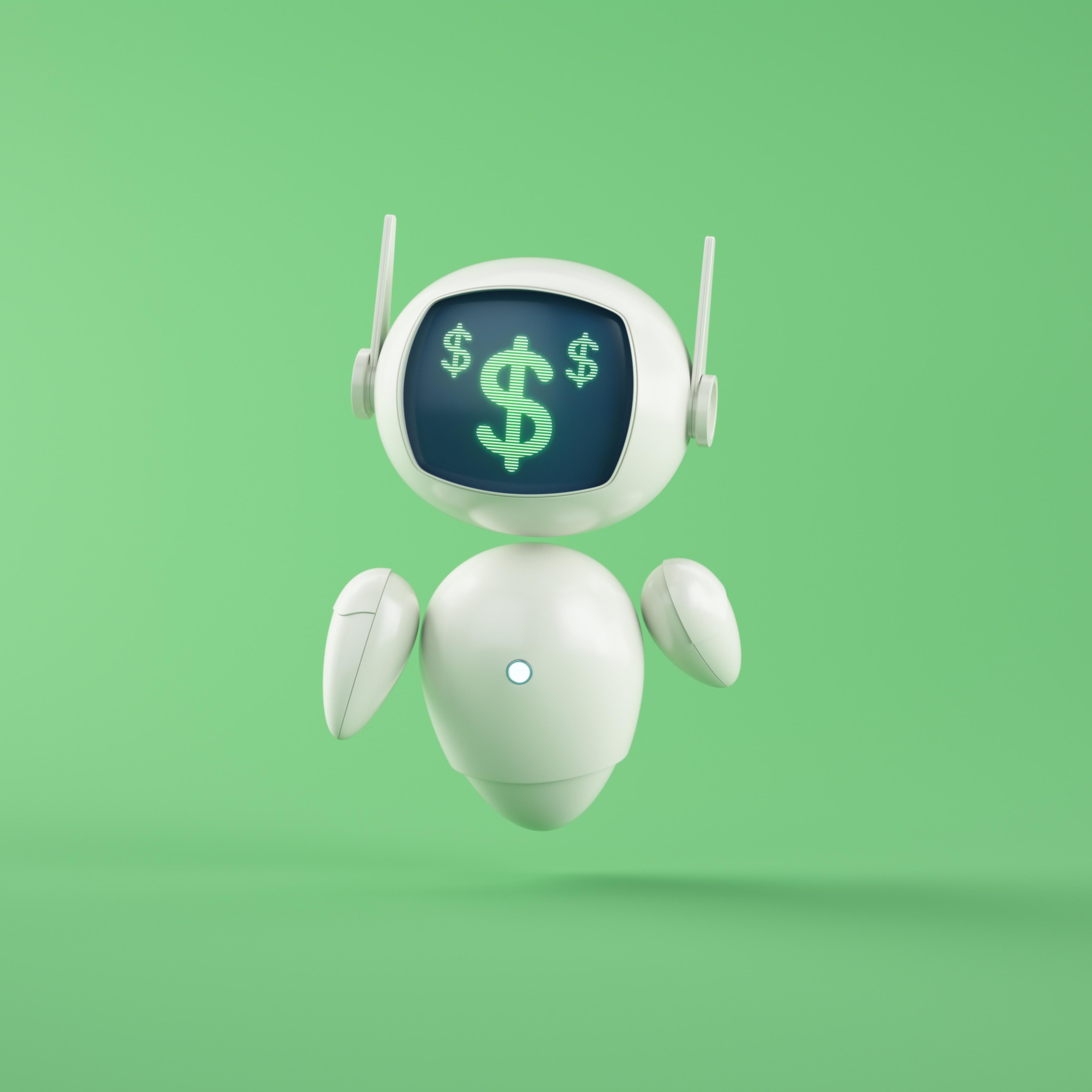 Dollar symbol on screen of Artificial Intelligence chatbot assistant on green background.