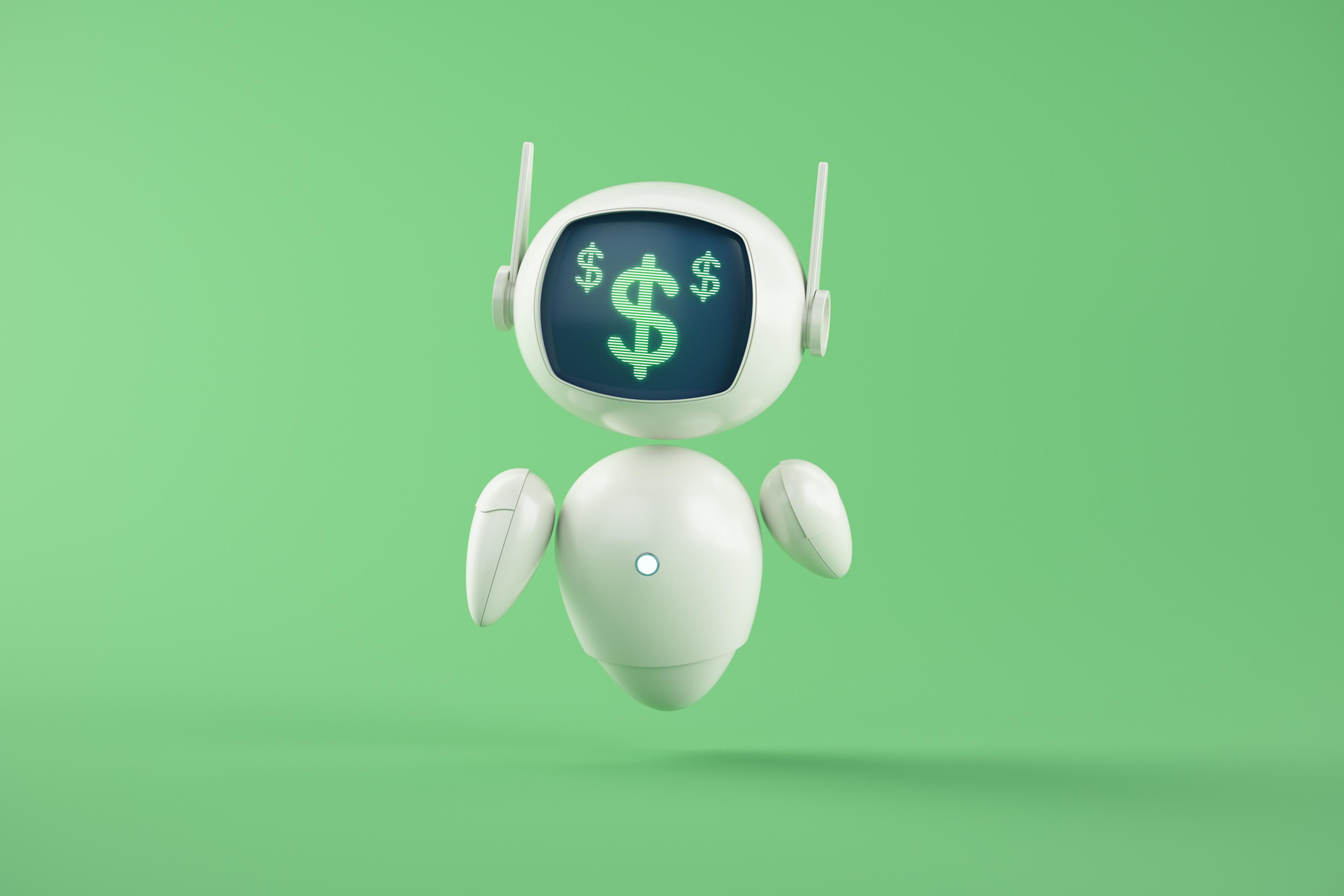 Dollar symbol on screen of Artificial Intelligence chatbot assistant on green background.