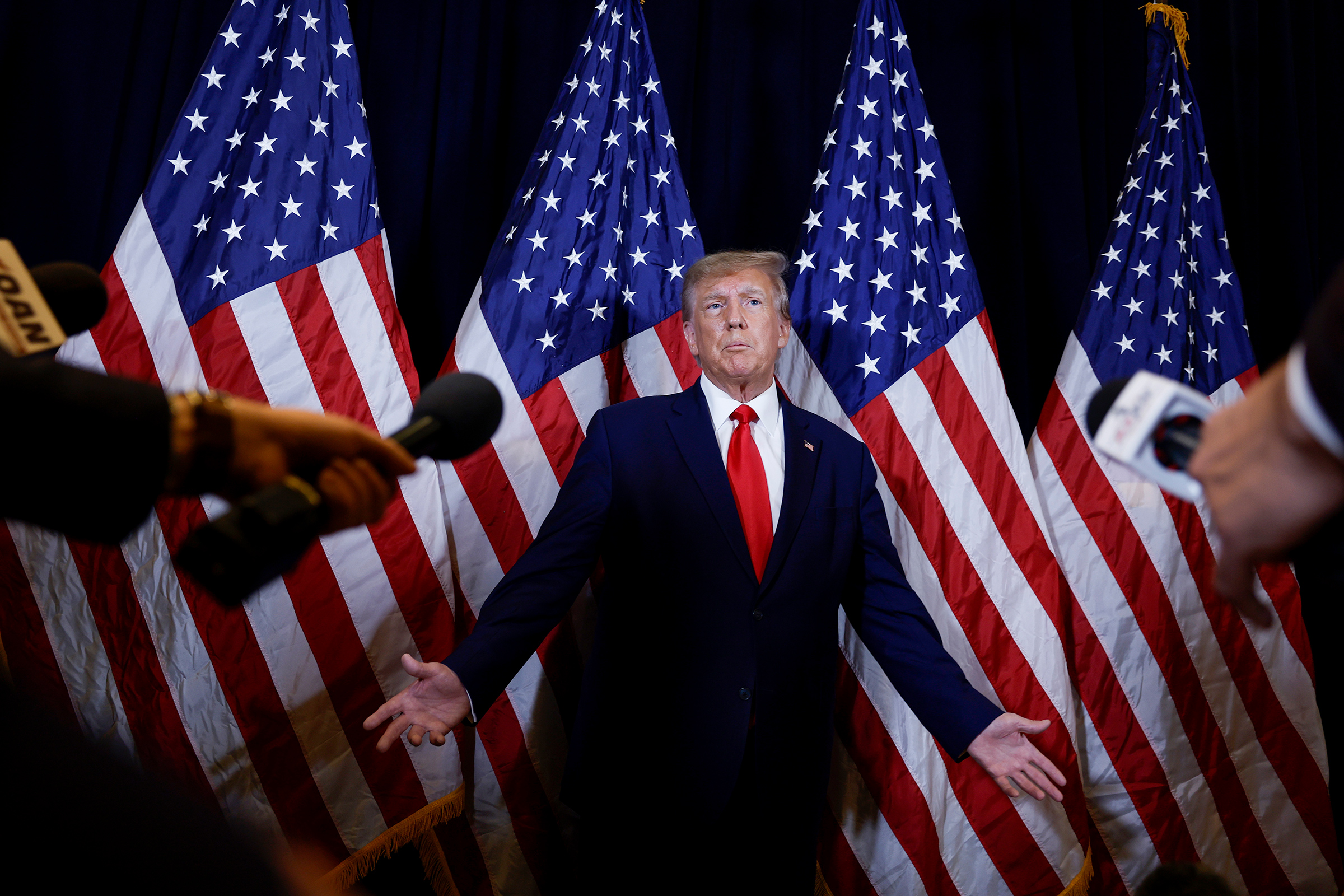 Former U.S. President Donald Trump speaks to reporters before his speech at the annual Conservative Political Action Conference (CPAC) at Gaylord National Resort & Convention Center on March 4 in National Harbor, Maryland. Trump took questions from reporters over a range of topics including on the progress of his campaign and his opinions on the war in Ukraine. 