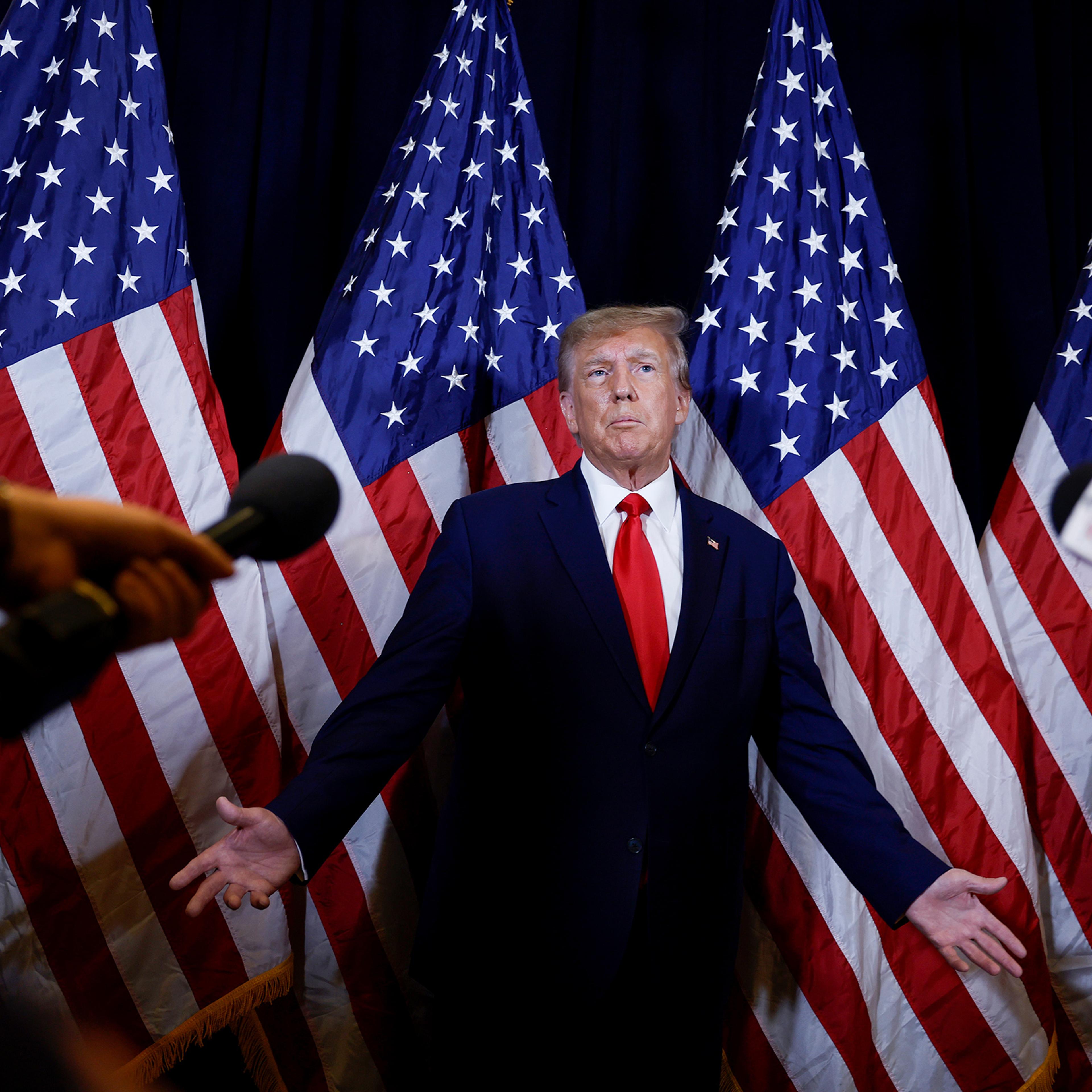 Former U.S. President Donald Trump speaks to reporters before his speech at the annual Conservative Political Action Conference (CPAC) at Gaylord National Resort & Convention Center on March 4 in National Harbor, Maryland. Trump took questions from reporters over a range of topics including on the progress of his campaign and his opinions on the war in Ukraine.