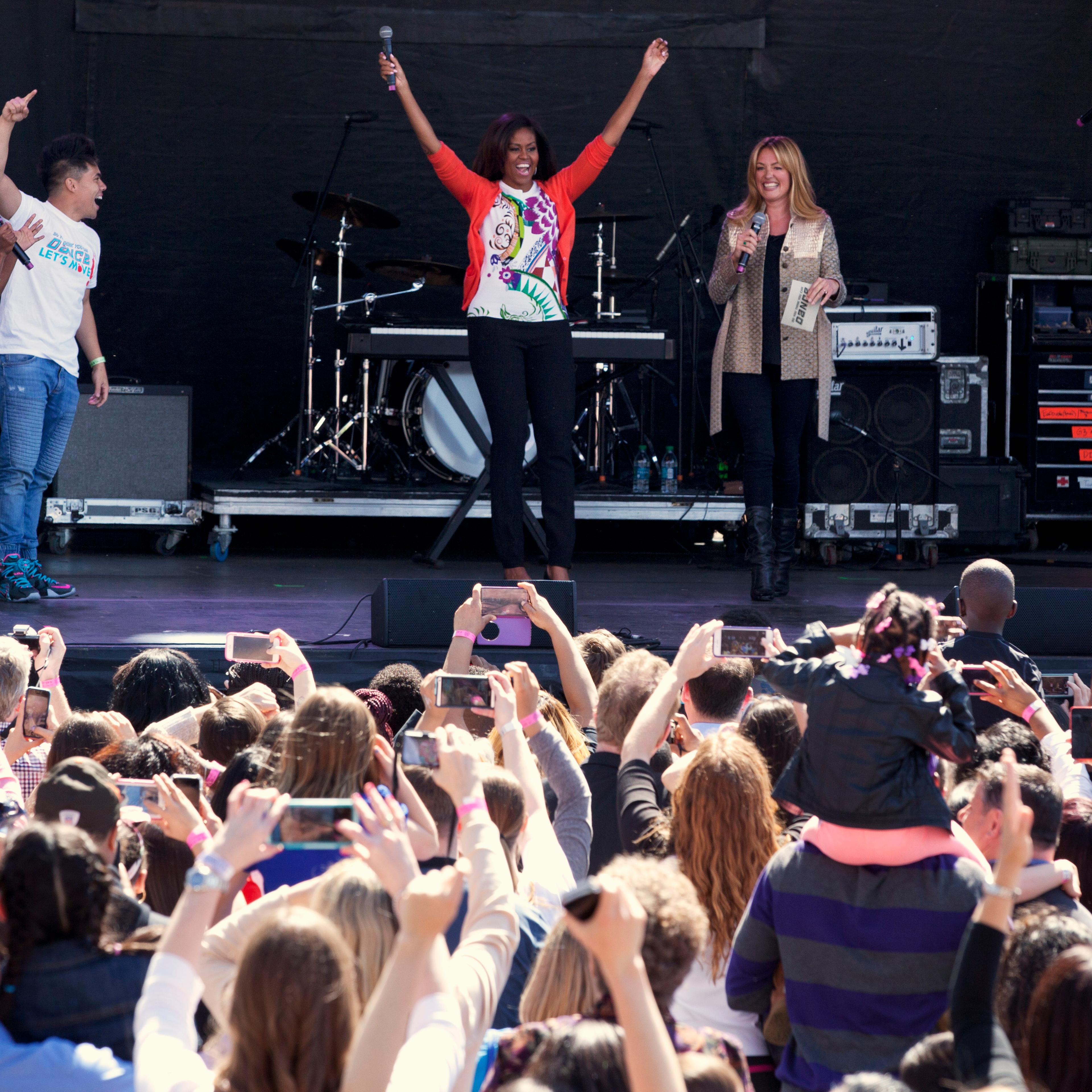 First lady Michelle Obama onstage during the White House Easter Egg Roll in Washington on April 6, 2015.
