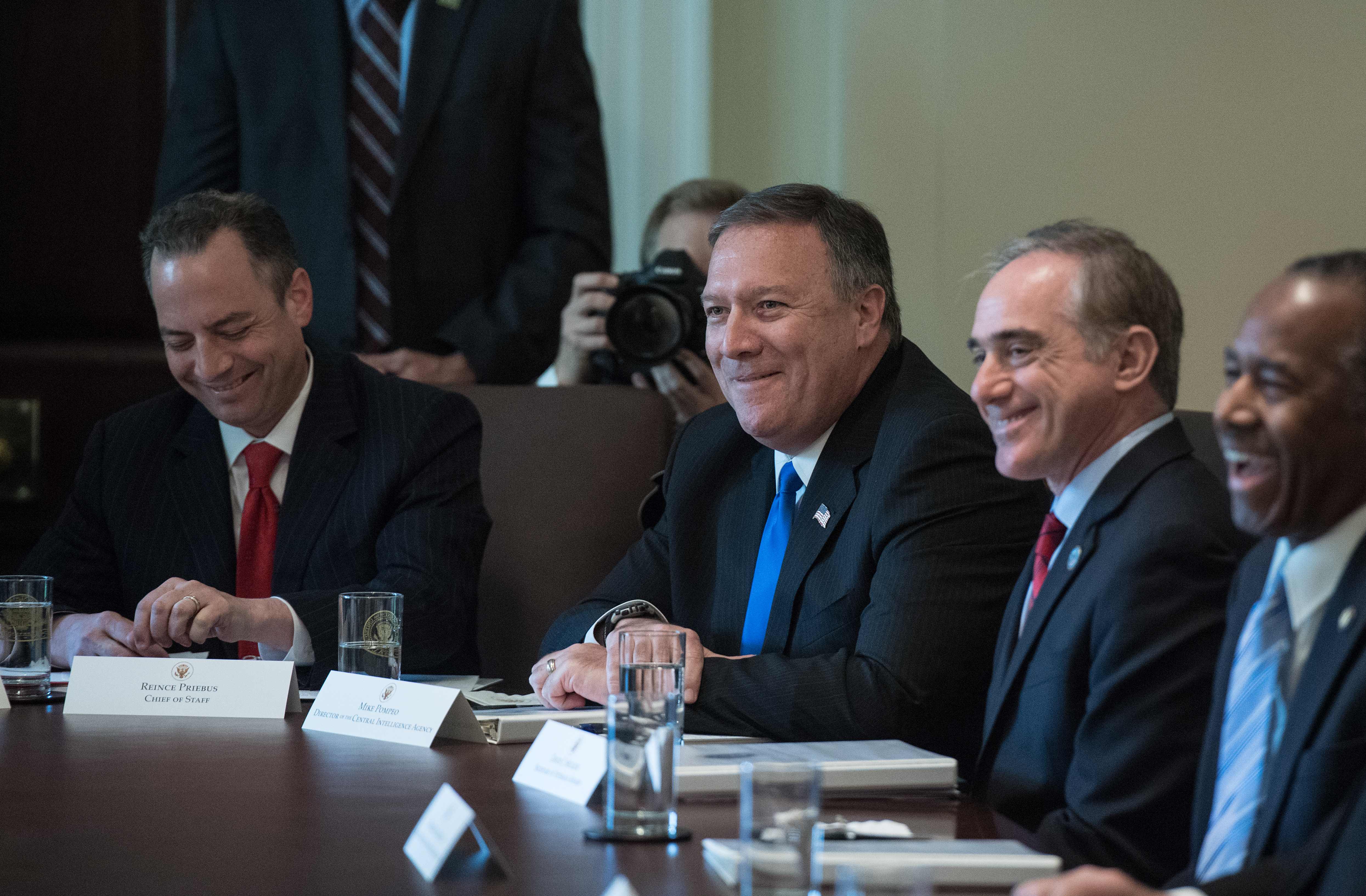 (L-R) White House Chief of Staff Reince Priebus, CIA Director Mike Pompeo, Veran Affairs Secretary David Shulkin and Housing and Urban Development Secretary Ben Carson laugh during a cabinet meeting at the White House in Washington, DC, on June 12, 2017.