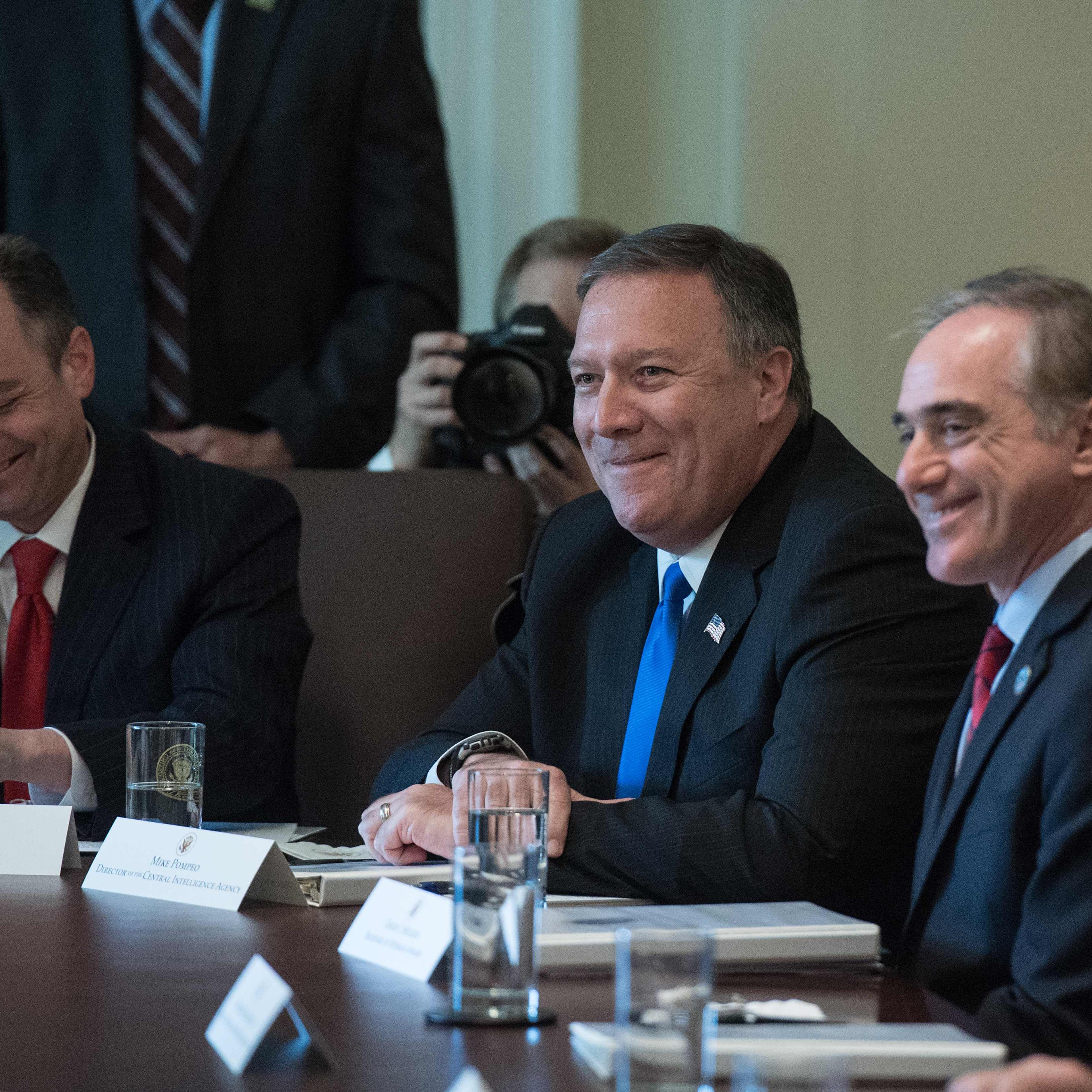 (L-R) White House Chief of Staff Reince Priebus, CIA Director Mike Pompeo, Veran Affairs Secretary David Shulkin and Housing and Urban Development Secretary Ben Carson laugh during a cabinet meeting at the White House in Washington, DC, on June 12, 2017.