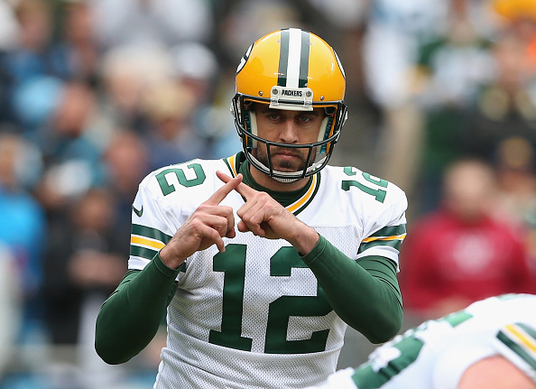 Aaron Rodgers #12 of the Green Bay Packers during their game at Bank of America Stadium on November 8, 2015 in Charlotte, North Carolina.