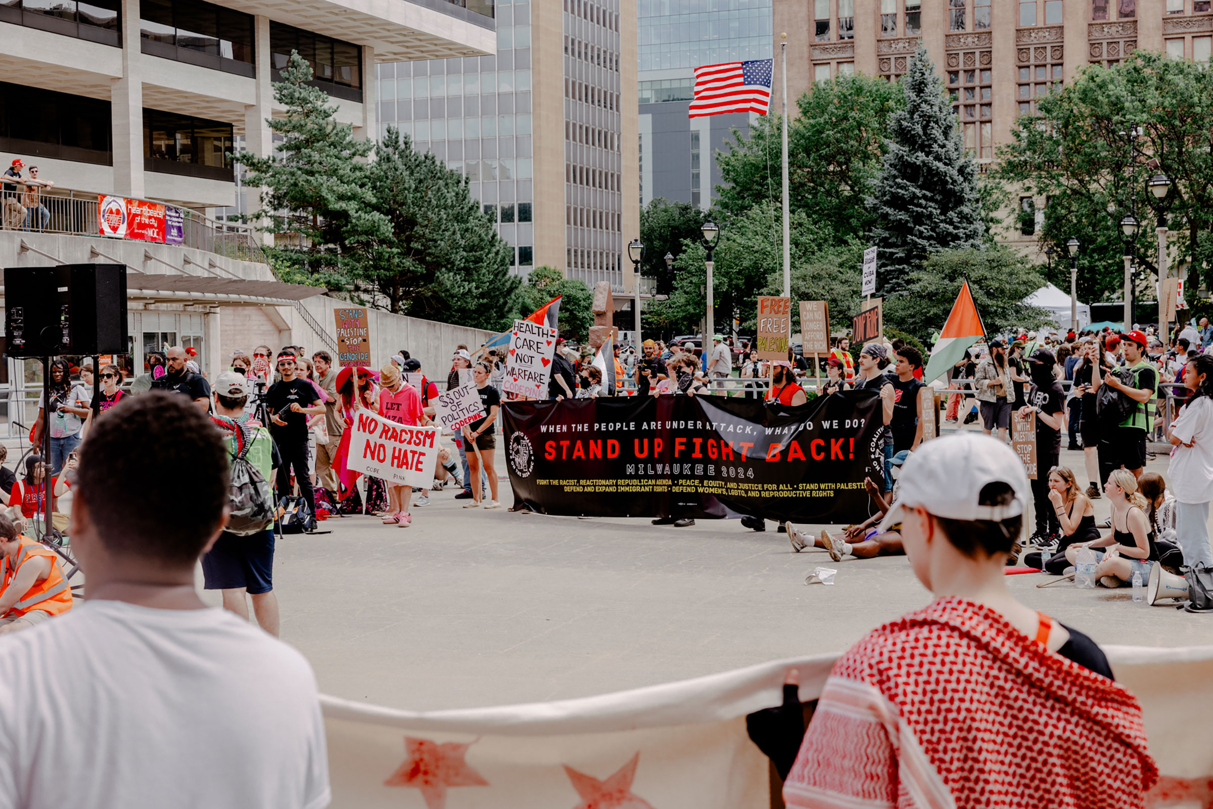 Protestors gather near the Republican National Convention, during the first day of the convention, in Milwaukee, Wis. on July 15, 2024.