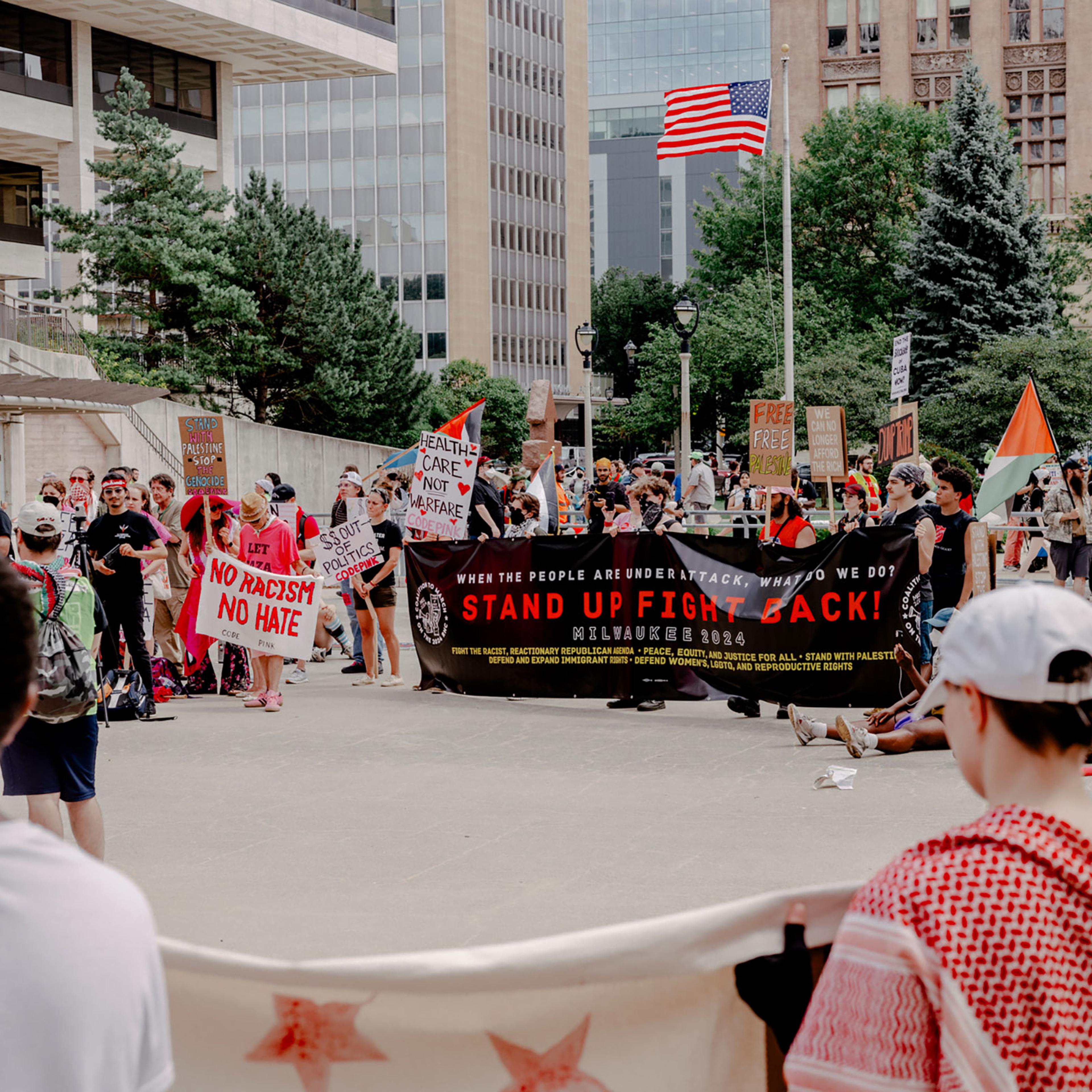 Protestors gather near the Republican National Convention, during the first day of the convention, in Milwaukee, Wis. on July 15, 2024.