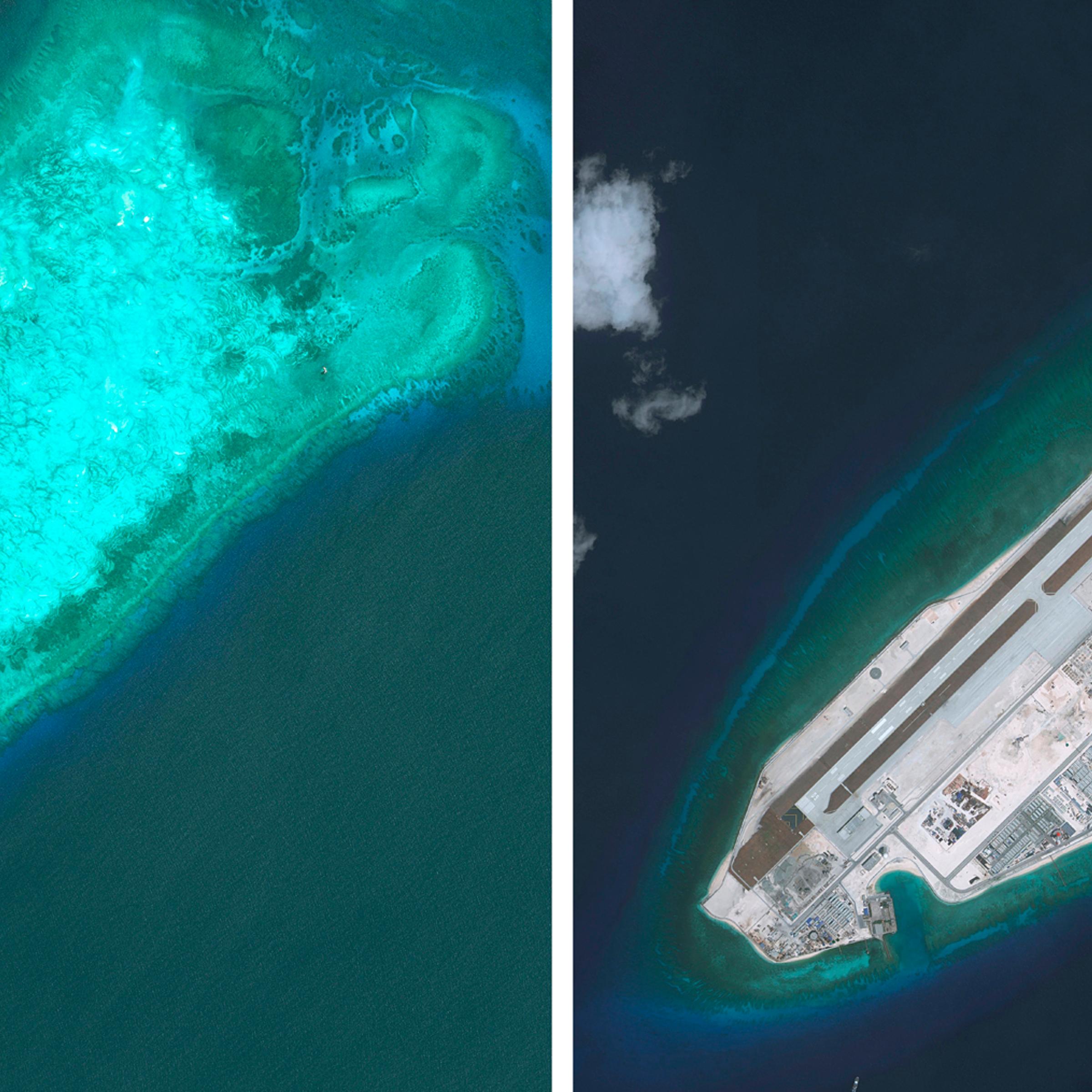 DigitalGlobe imagery, before construction began, of the the Fiery Cross Reef located in the South China Sea. Photo DigitalGlobe via Getty Images.