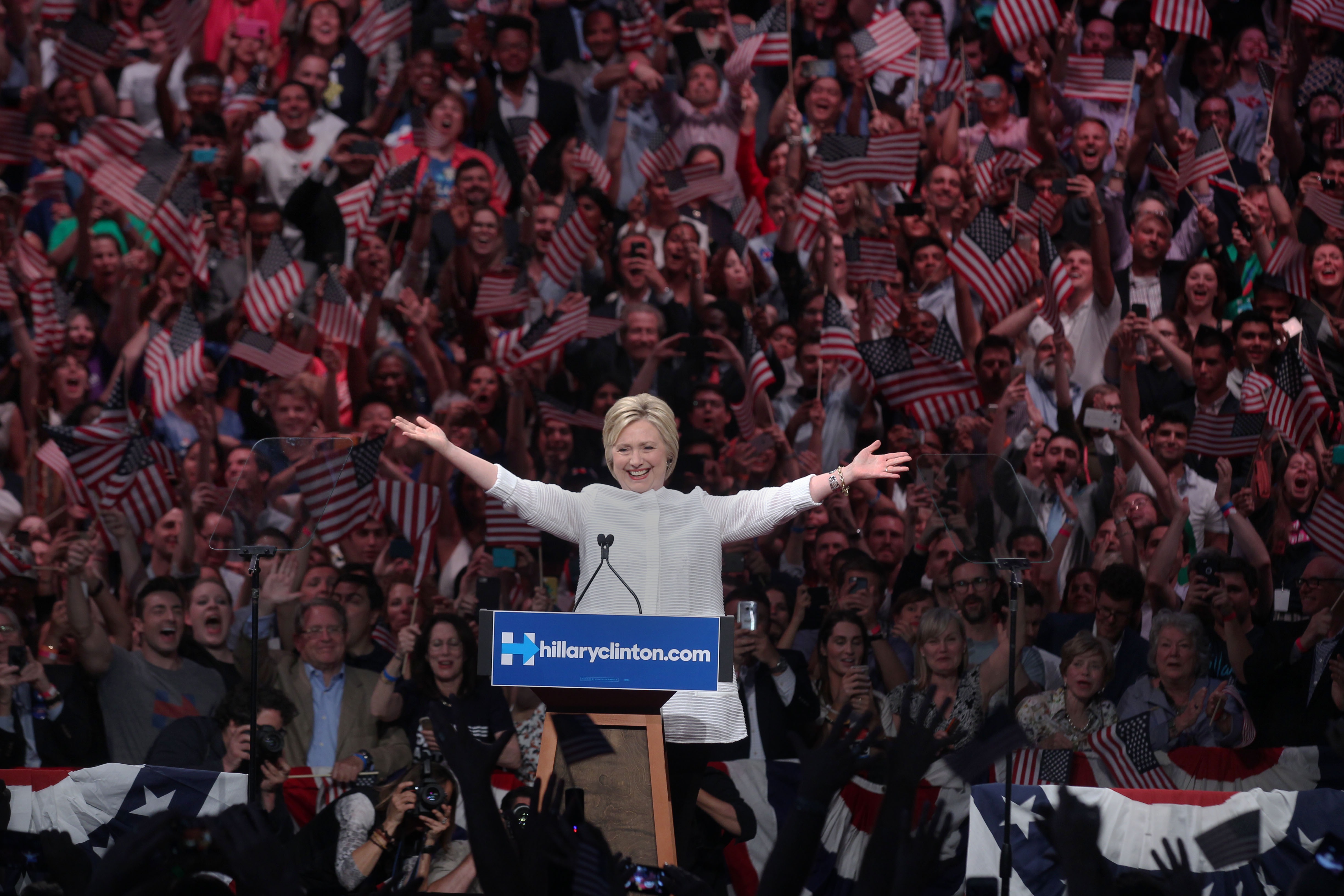 Democratic presidential candidate former Secretary of State Hillary Clinton speaks at the New Jersey primary night rally at The Brooklyn Navy Yard on June 7, 2016 in the Brooklyn Borough of New York City.