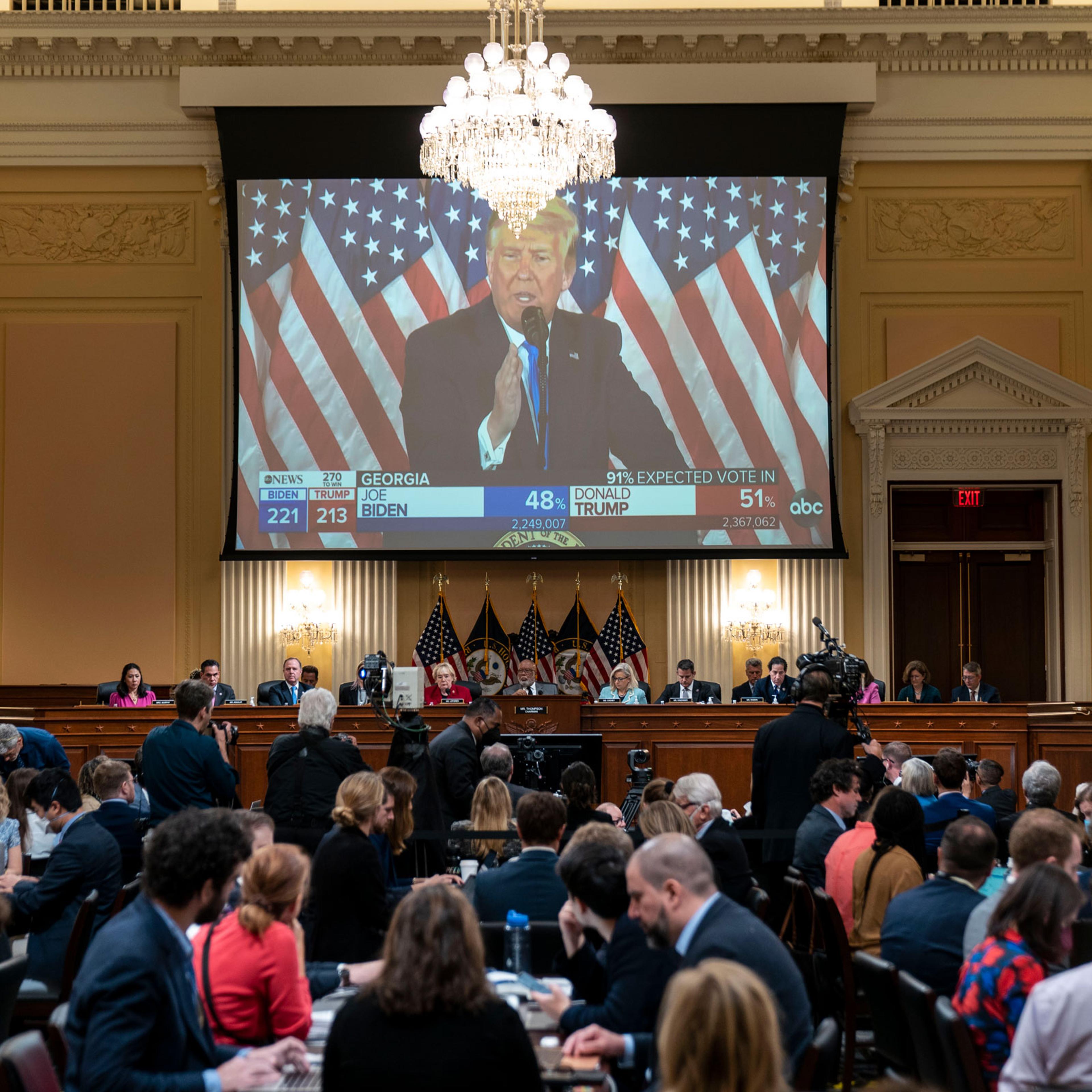 A video of former President Donald Trump is displayed on a screen during a House Select Committee to Investigate the January 6th hearing