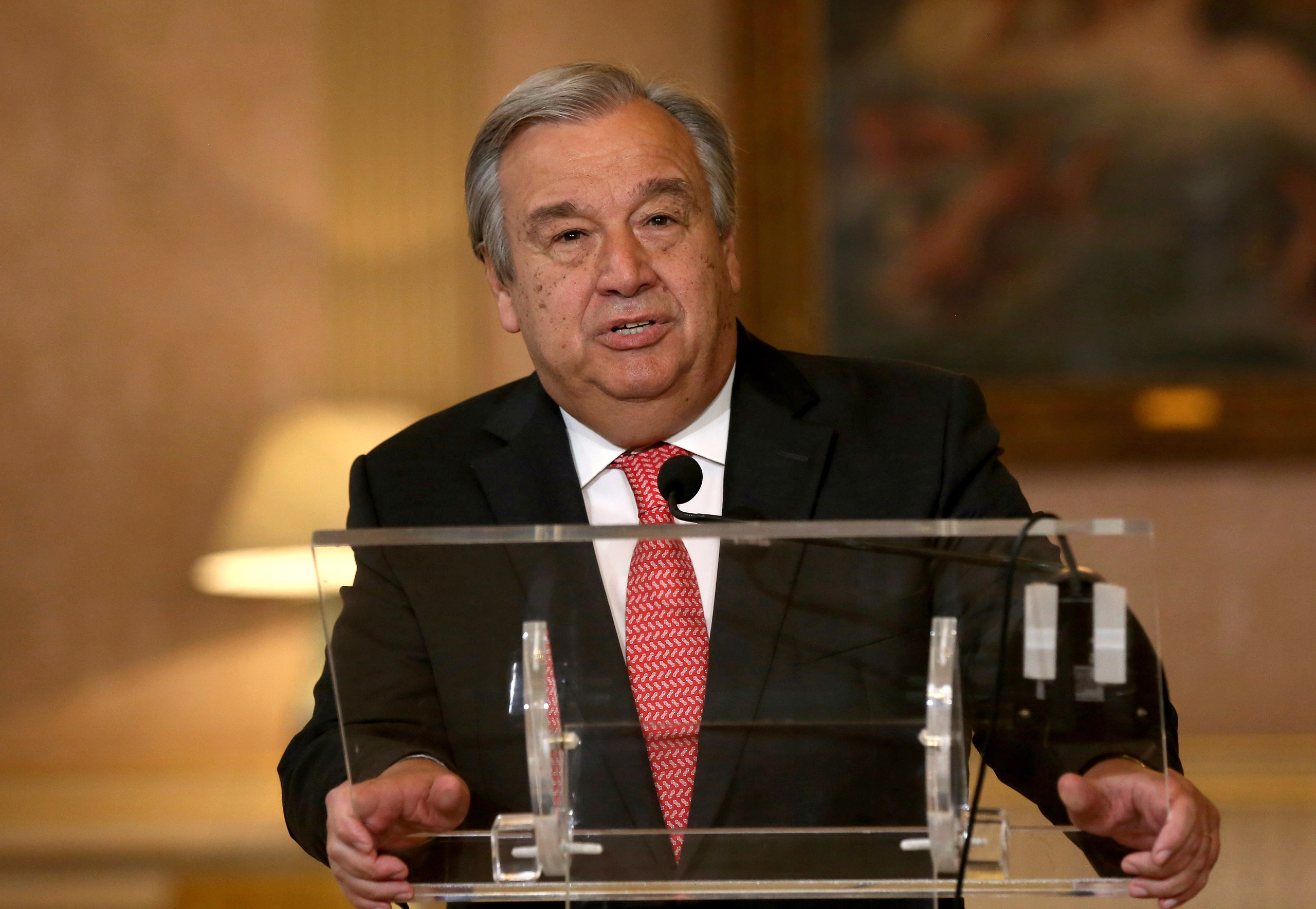 The newly appointed Secretary General of the United Nations, Antonio Guterres, reads a statement at Lisbon's Necessidades palace after the formal election took place this morning at the organisation's headquarters, Thursday, Oct. 6, 2016. The probable ne