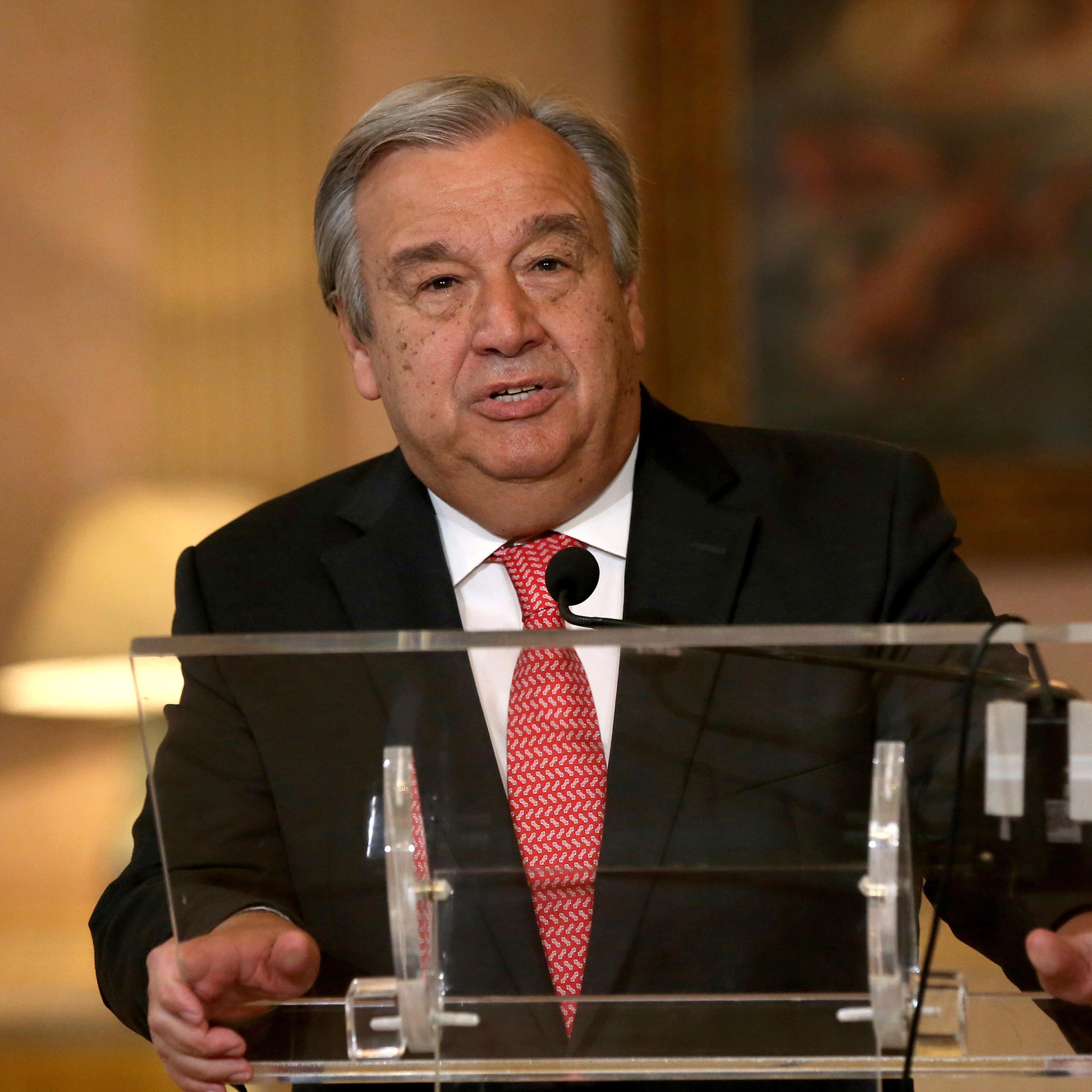 The newly appointed Secretary General of the United Nations, Antonio Guterres, reads a statement at Lisbon's Necessidades palace after the formal election took place this morning at the organisation's headquarters, Thursday, Oct. 6, 2016. The probable ne