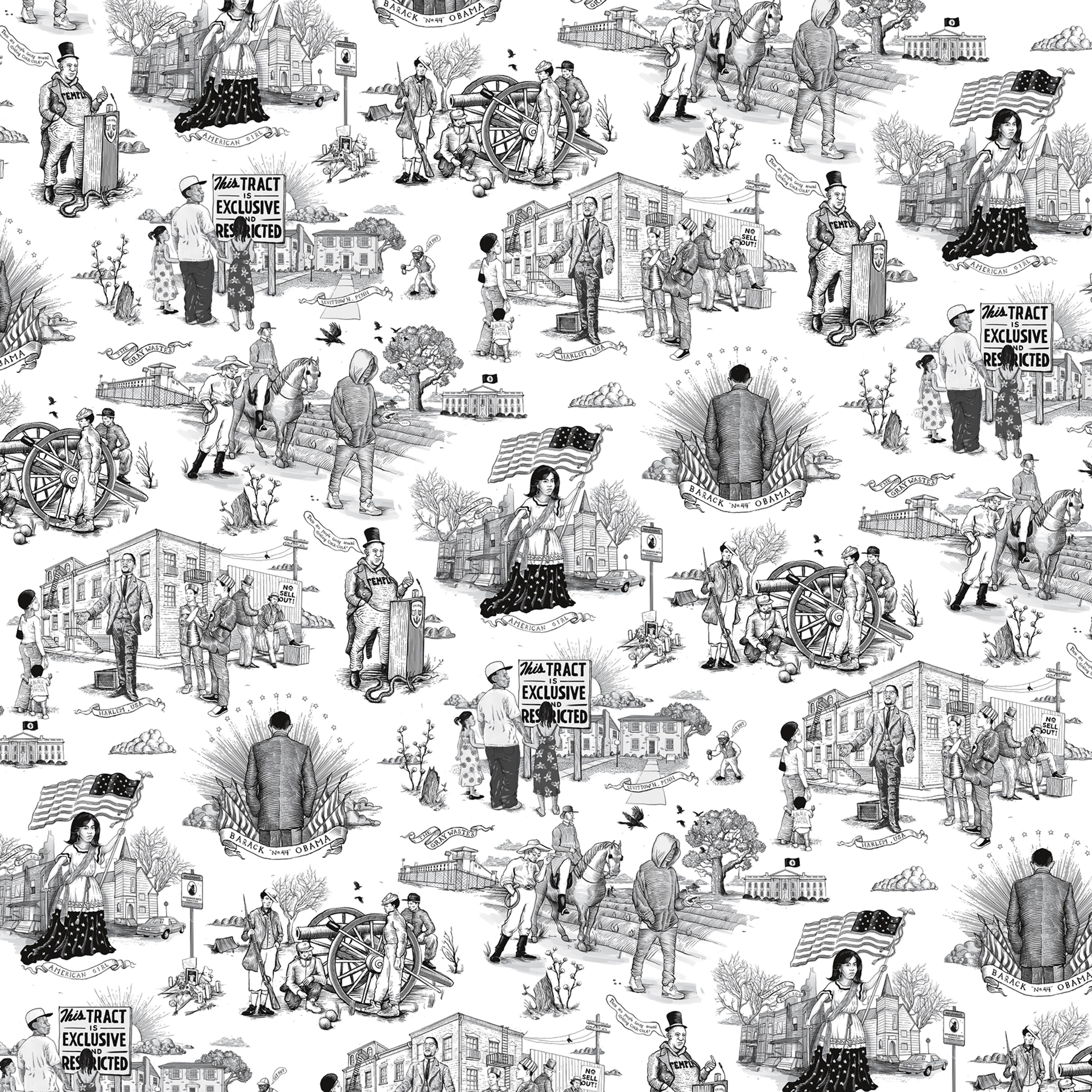 Illustrations on the book’s endpapers represent each of Coates’ essays