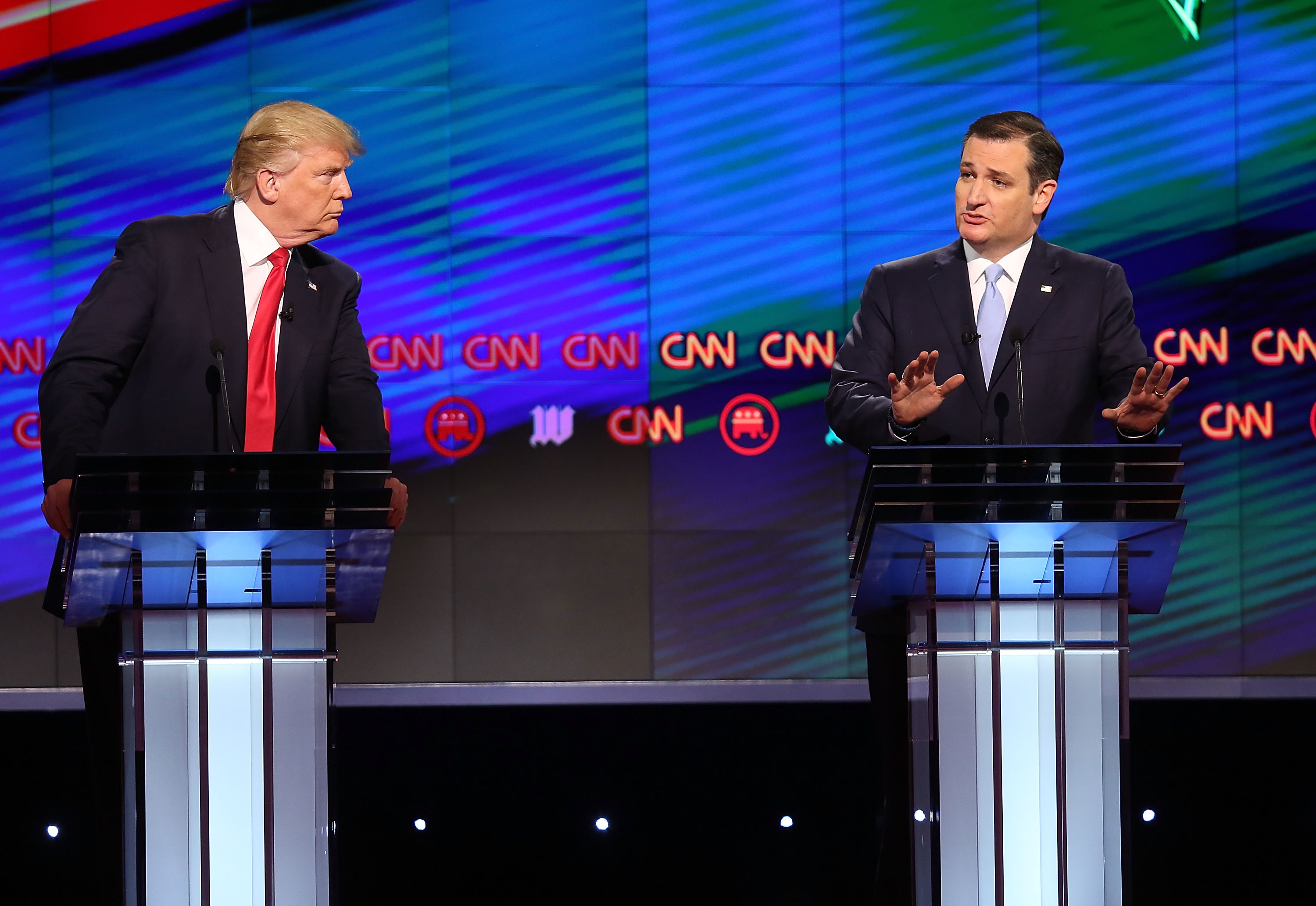Republican presidential candidates, Donald Trump and Sen. Ted Cruz (R-TX), are seen during the CNN, Salem Media Group, The Washington Times Republican Presidential Primary Debate on the campus of the University of Miami on March 10, 2016 in Coral Gables,