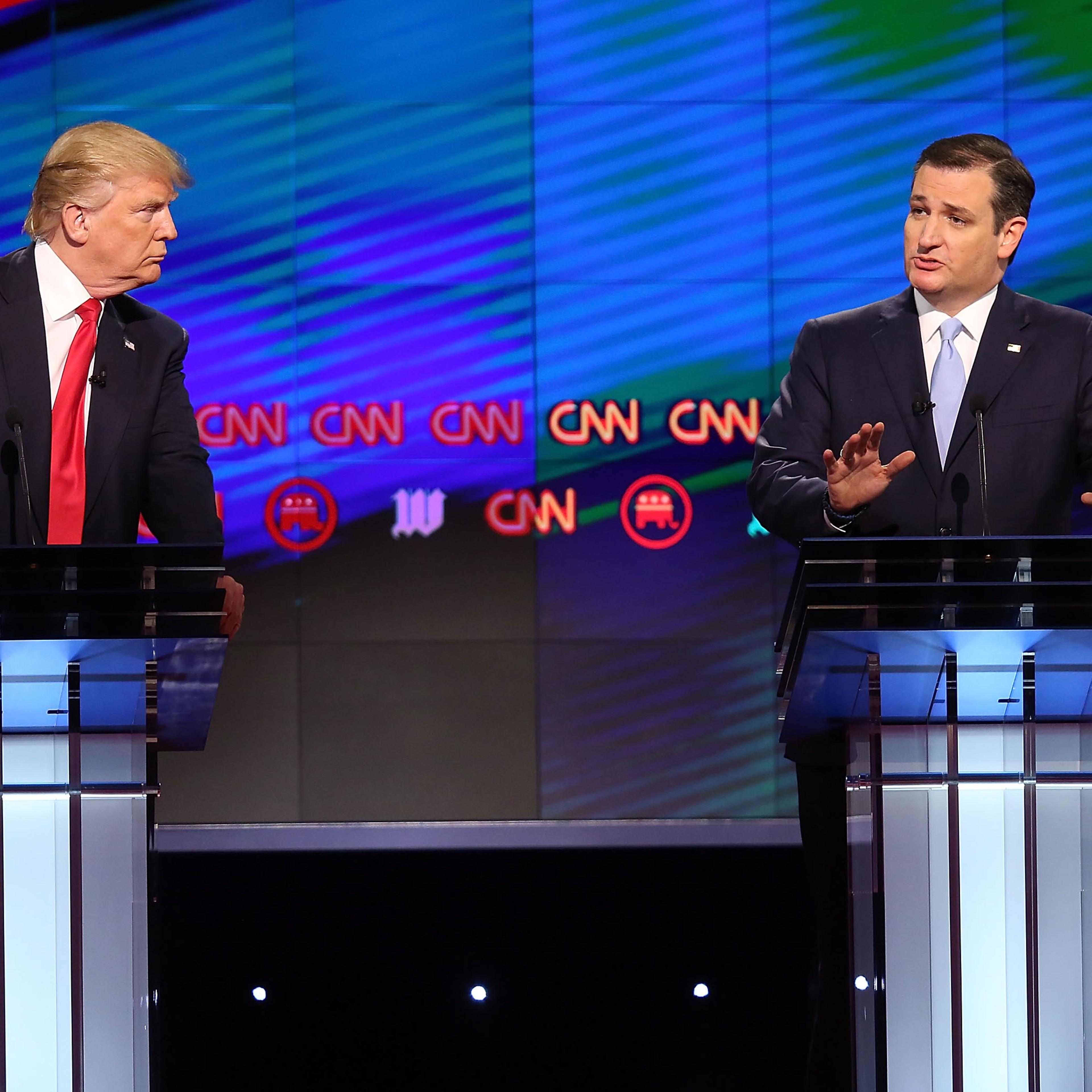 Republican presidential candidates, Donald Trump and Sen. Ted Cruz (R-TX), are seen during the CNN, Salem Media Group, The Washington Times Republican Presidential Primary Debate on the campus of the University of Miami on March 10, 2016 in Coral Gables,