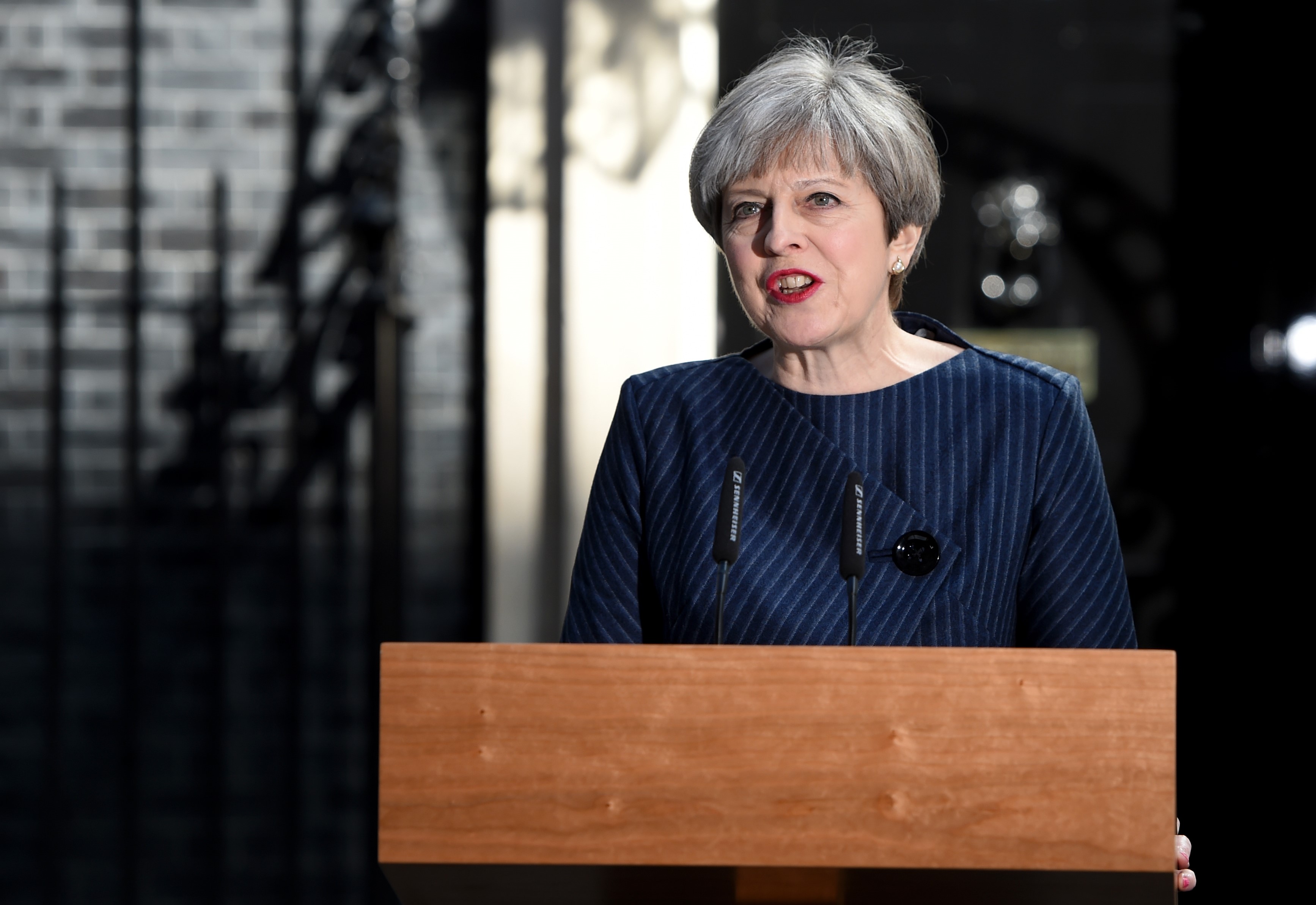 British Prime Minister Theresa May makes a statement to the nation in Downing Street on April 18, 2017 in London, U.K.