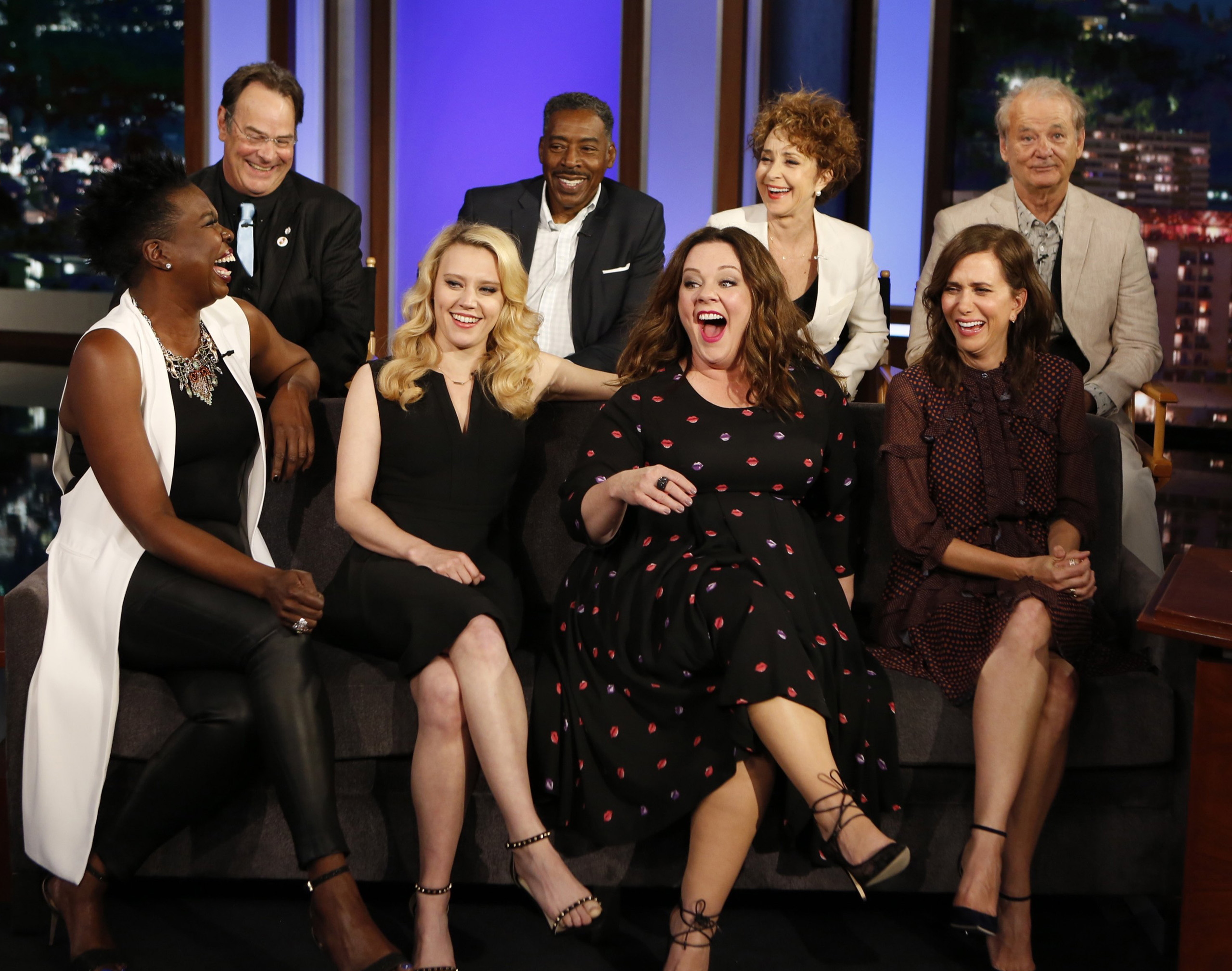 Leslie Jones, Dan Aykroyd, Kate McKinnon, Ernie Hudson, Melissa McCarthy, Annie Potts, Kristen Wiig, and Bill Murray, the cast from both "Ghostbusters" films on the set of "Jimmy Kimmel Live."