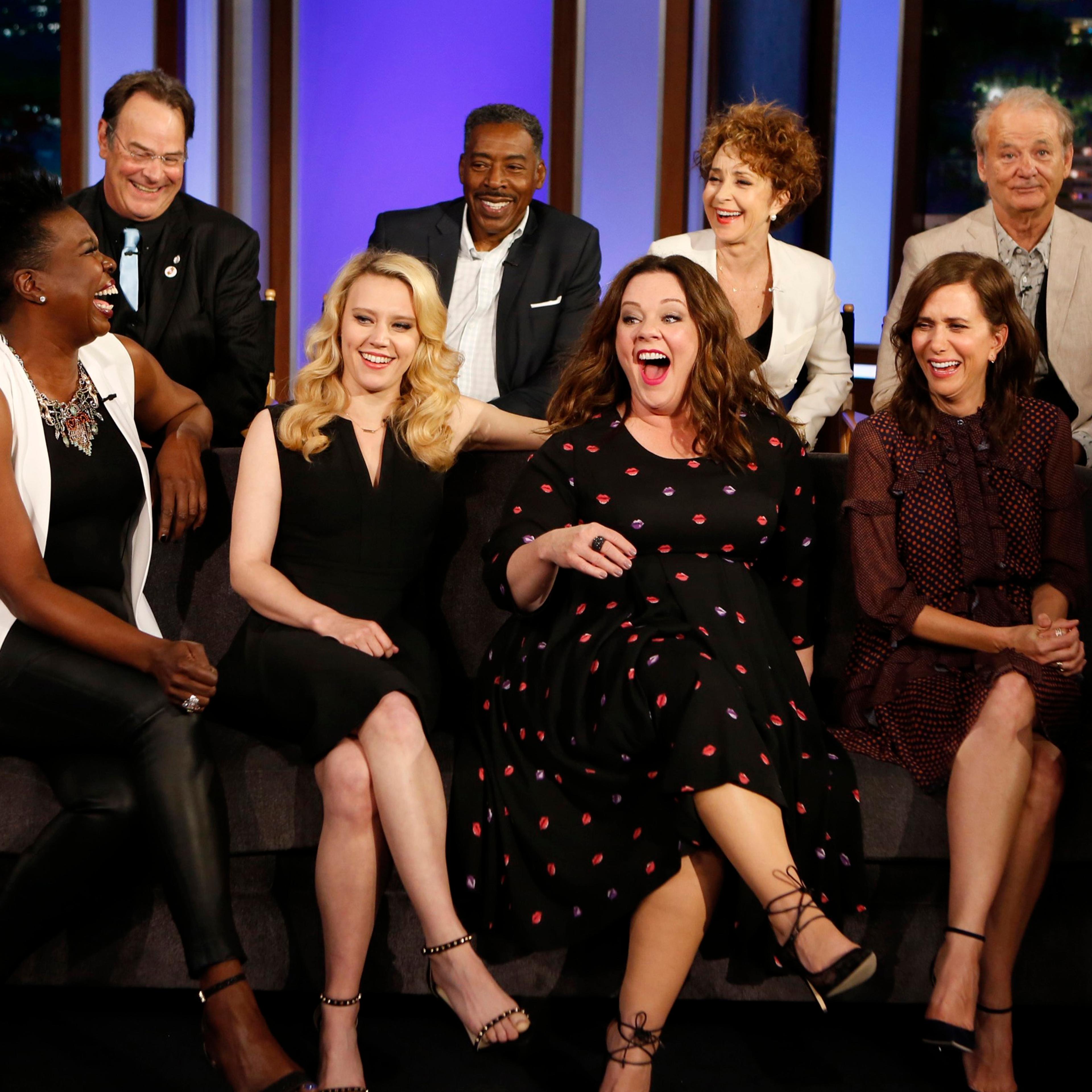 Leslie Jones, Dan Aykroyd, Kate McKinnon, Ernie Hudson, Melissa McCarthy, Annie Potts, Kristen Wiig, and Bill Murray, the cast from both "Ghostbusters" films on the set of "Jimmy Kimmel Live."