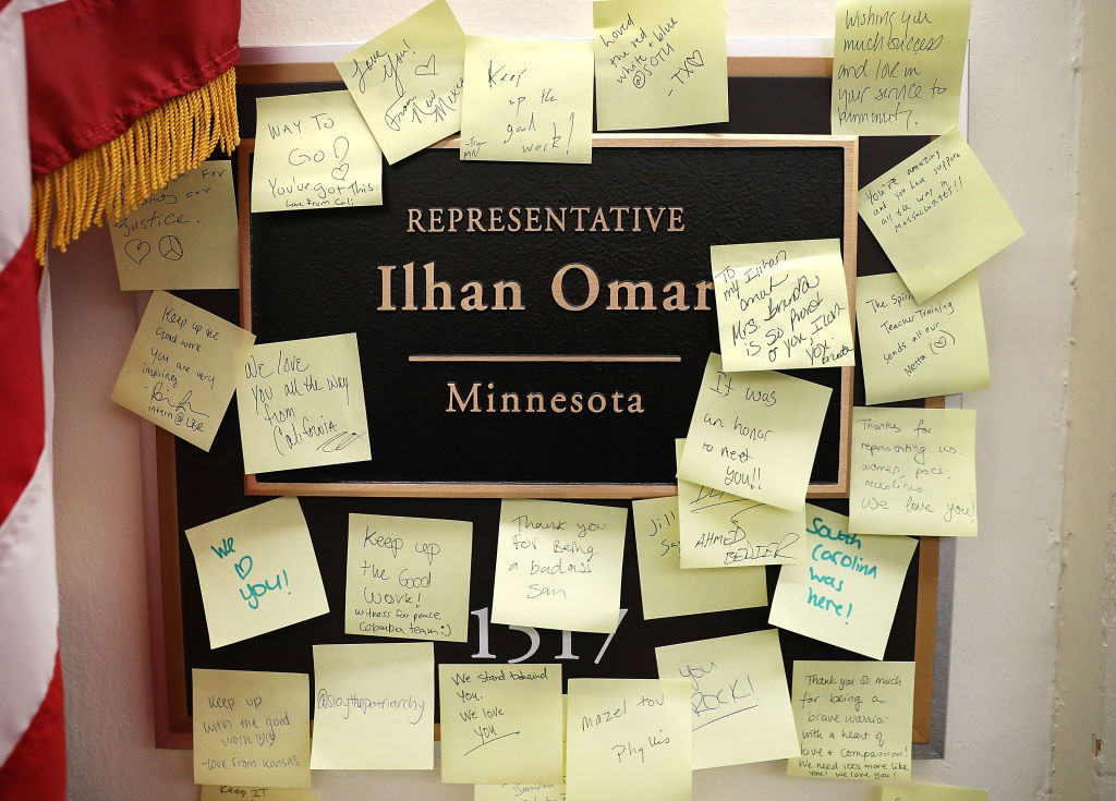 Notes of support are posted on the name plate outside the office of Rep. Ilhan Omar
