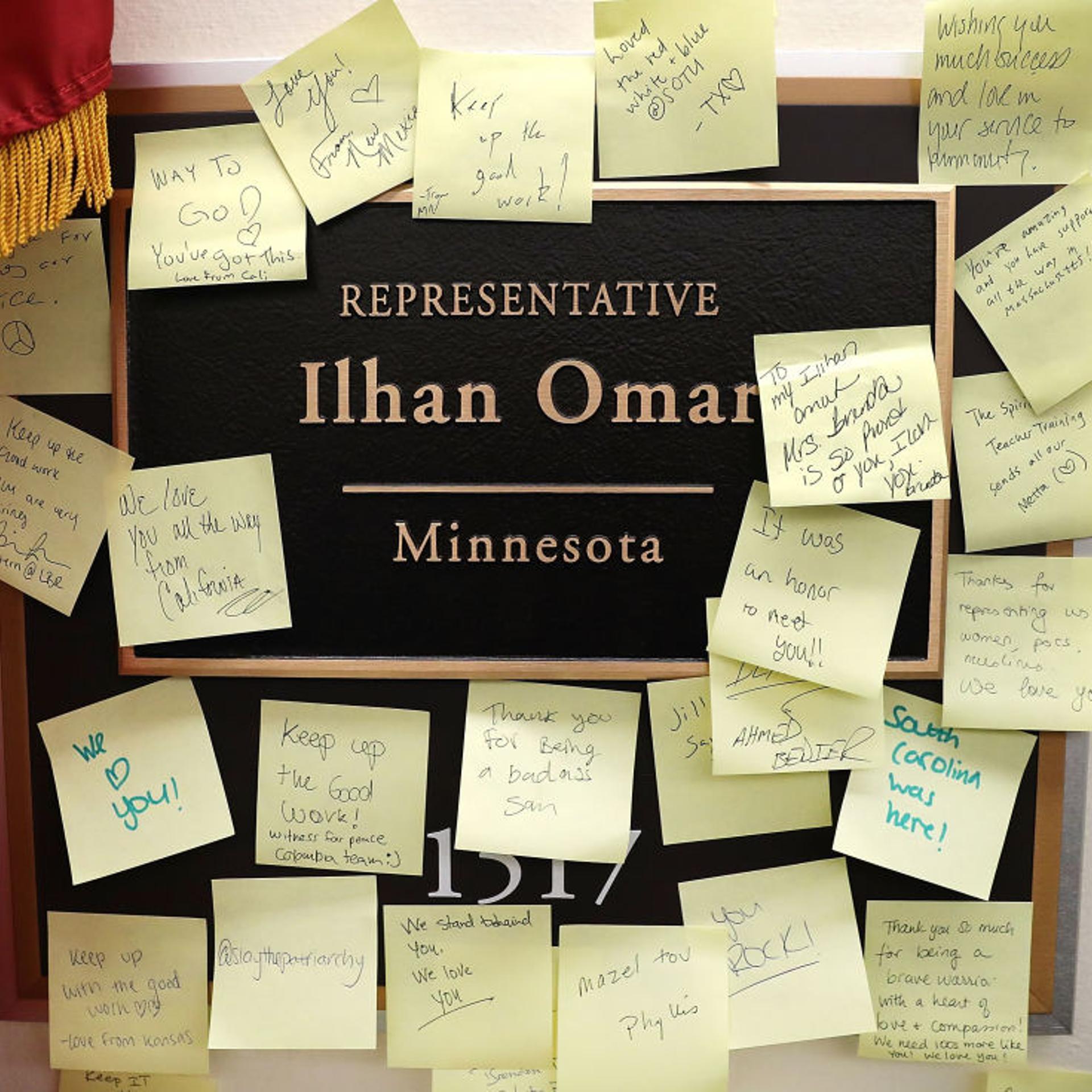 Notes of support are posted on the name plate outside the office of Rep. Ilhan Omar