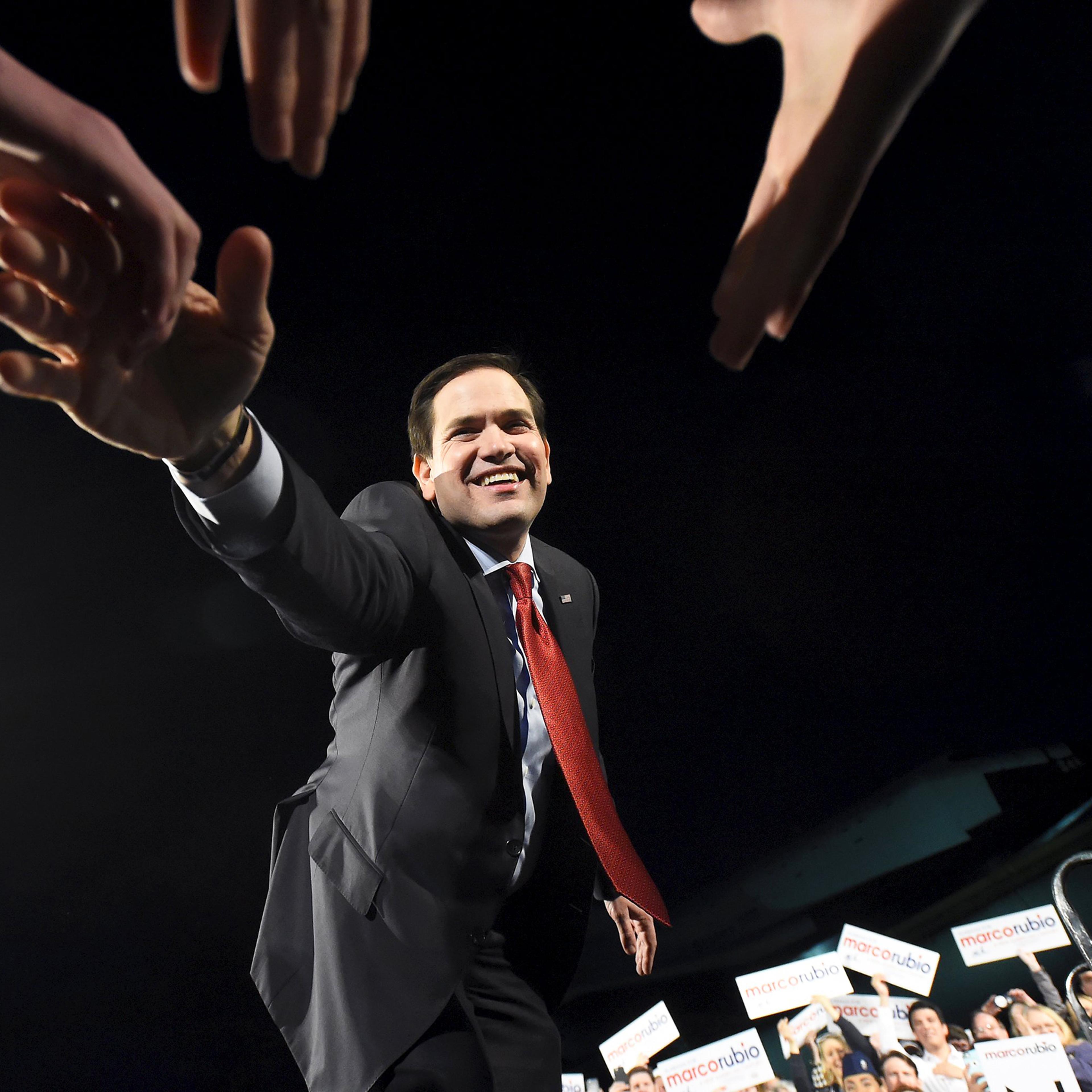 Marco Rubio greets supporters during a campaign stop at the U.S. Space and Rocket Center in Huntsville, Alabama on Feb. 27, 2016.