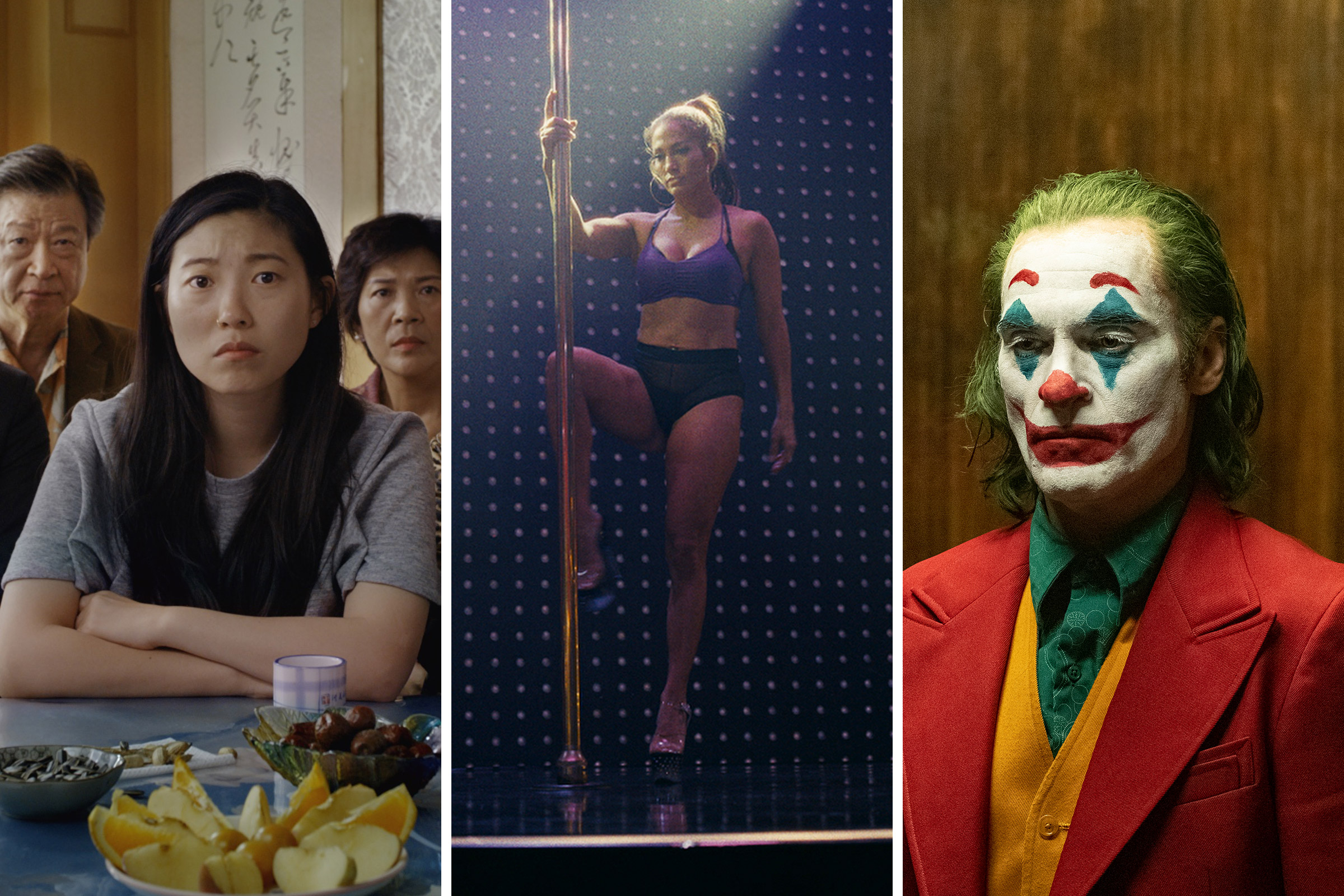 Awkwafina in The Farewell, Jennifer Lopez in Hustlers; Joaquin Phoenix in Joker