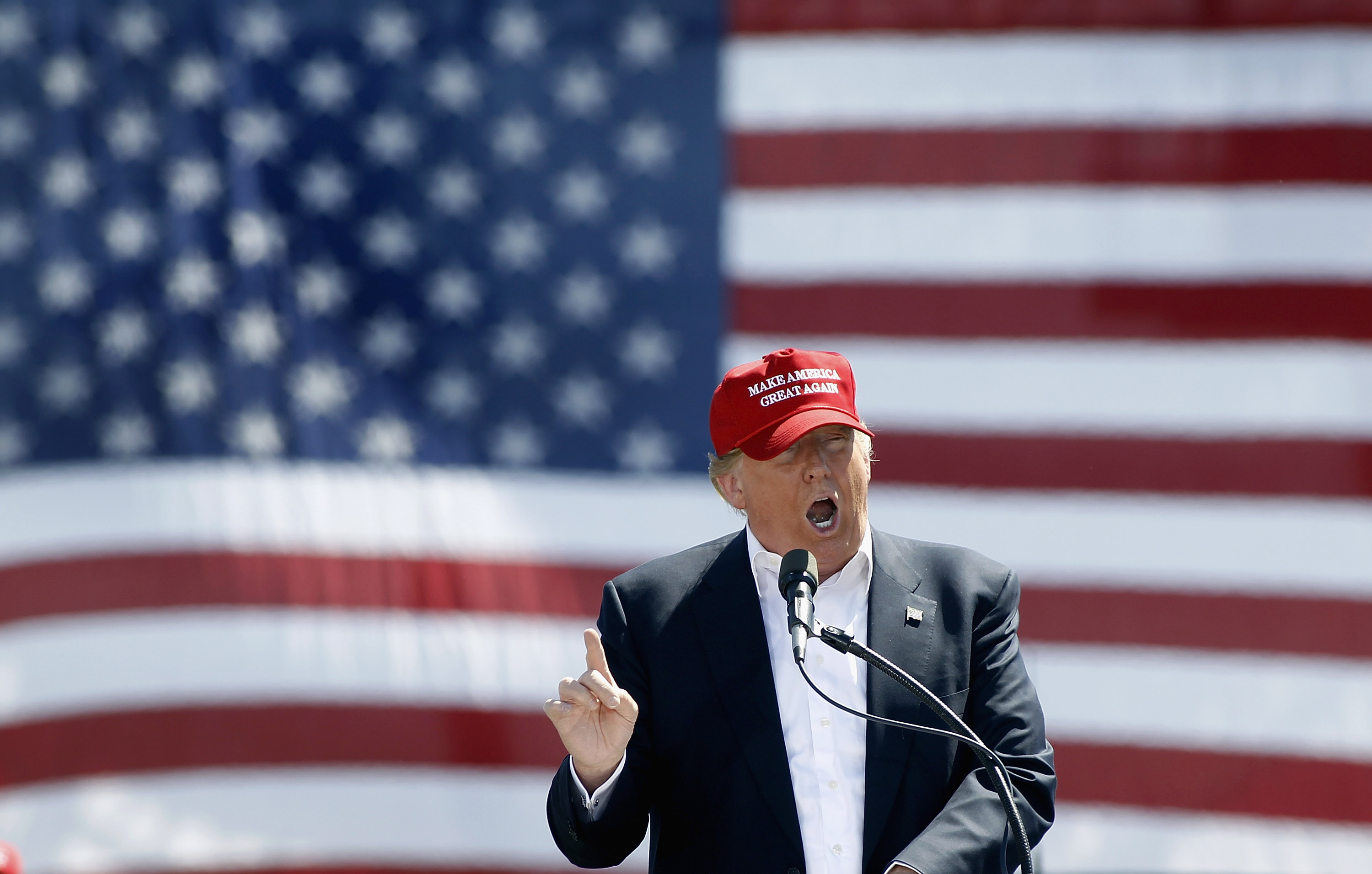 Republican presidential candidate Donald Trump speaks to guest gathered at Fountain Park during a campaign rally in Fountain Hills, Ariz., on March 19, 2016.