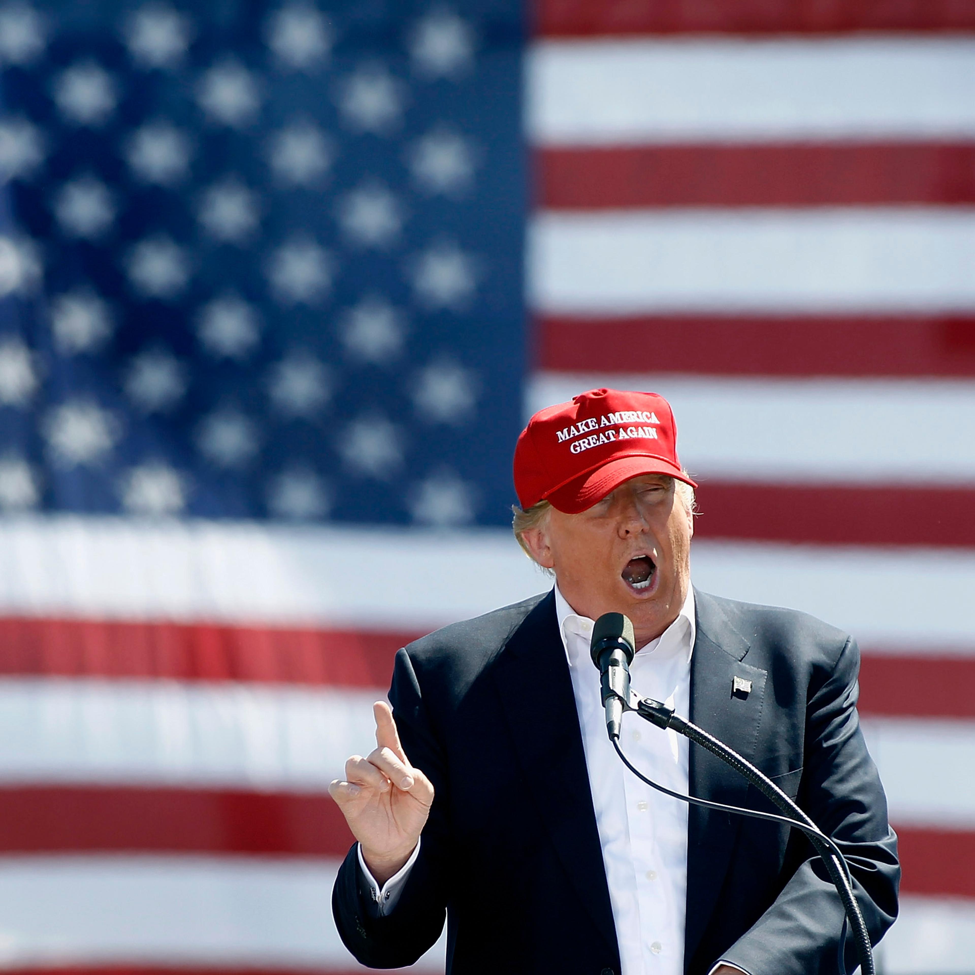 Republican presidential candidate Donald Trump speaks to guest gathered at Fountain Park during a campaign rally in Fountain Hills, Ariz., on March 19, 2016.