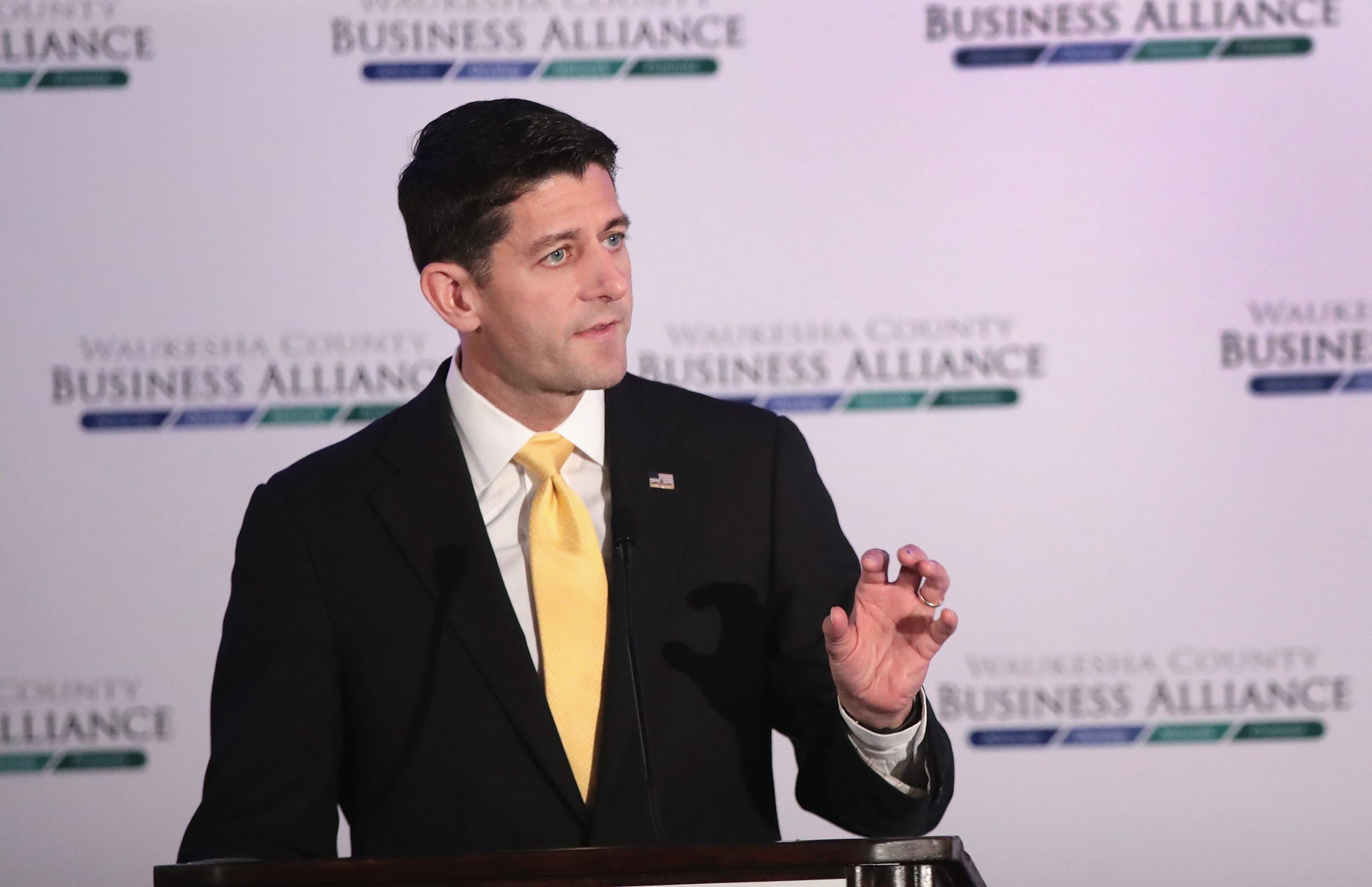 BROOKFIELD, WI - OCTOBER 13: Speaker of the House Paul Ryan (R-WI) speaks with business and community leaders at the Waukesha County Business Alliance luncheon on October 13, 2016 in Brookfield, Wisconsin. Although the event program stated that Ryan woul