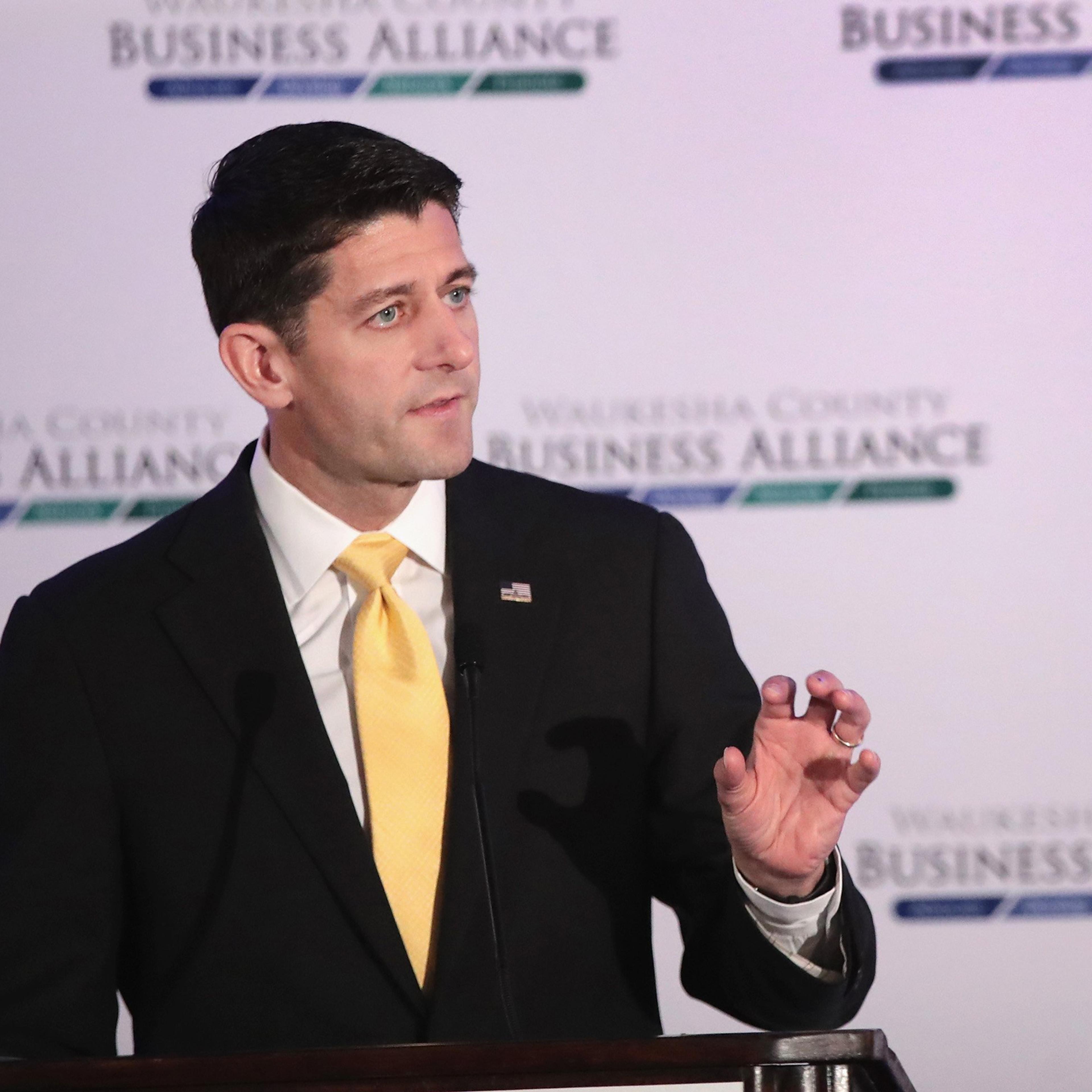 BROOKFIELD, WI - OCTOBER 13: Speaker of the House Paul Ryan (R-WI) speaks with business and community leaders at the Waukesha County Business Alliance luncheon on October 13, 2016 in Brookfield, Wisconsin. Although the event program stated that Ryan woul