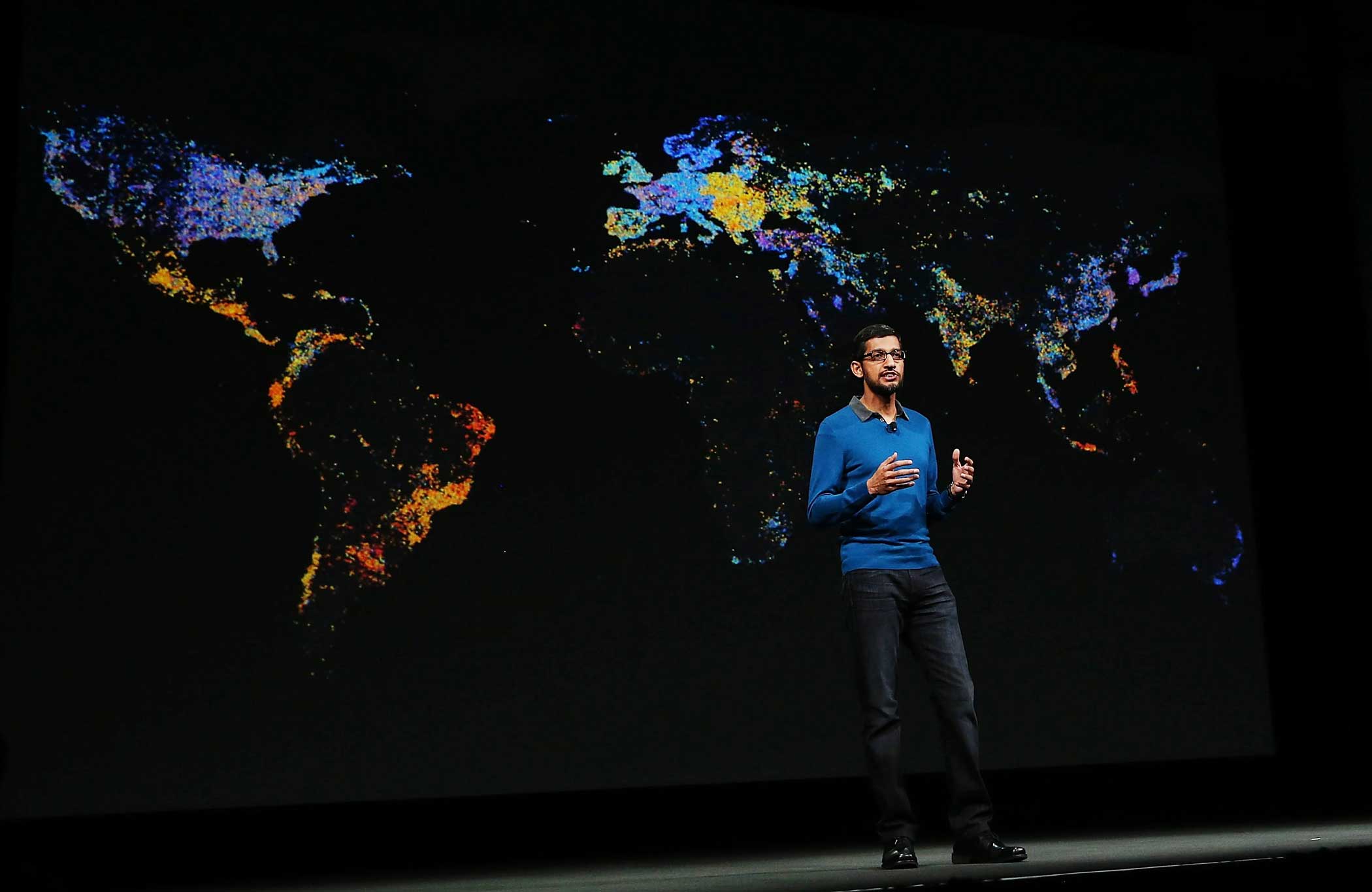 Google senior vice president of product Sundar Pichai delivers the keynote address during the 2015 Google I/O conference on May 28, 2015 in San Francisco.