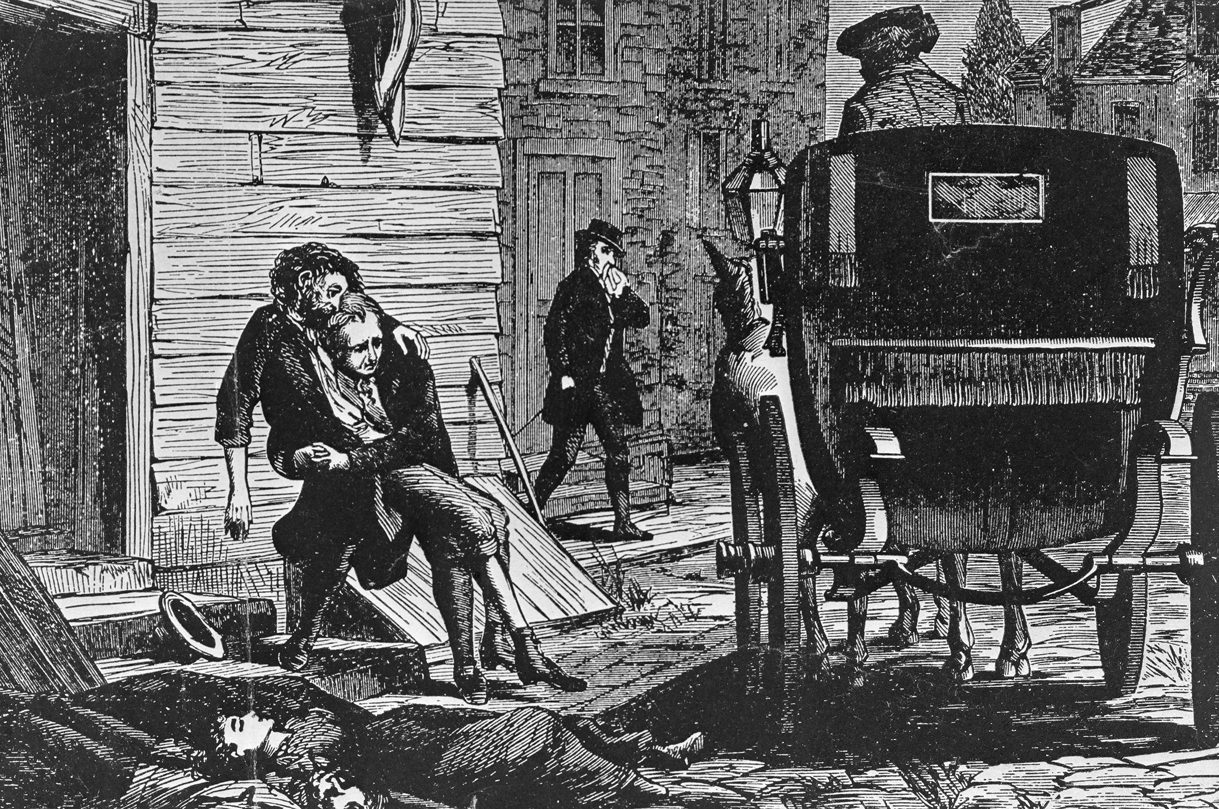 Woodcut print depicts yellow fever epidemic in Philadelphia, 1793. Carriages rumbled through the streets to pick up the dying and the dead. 