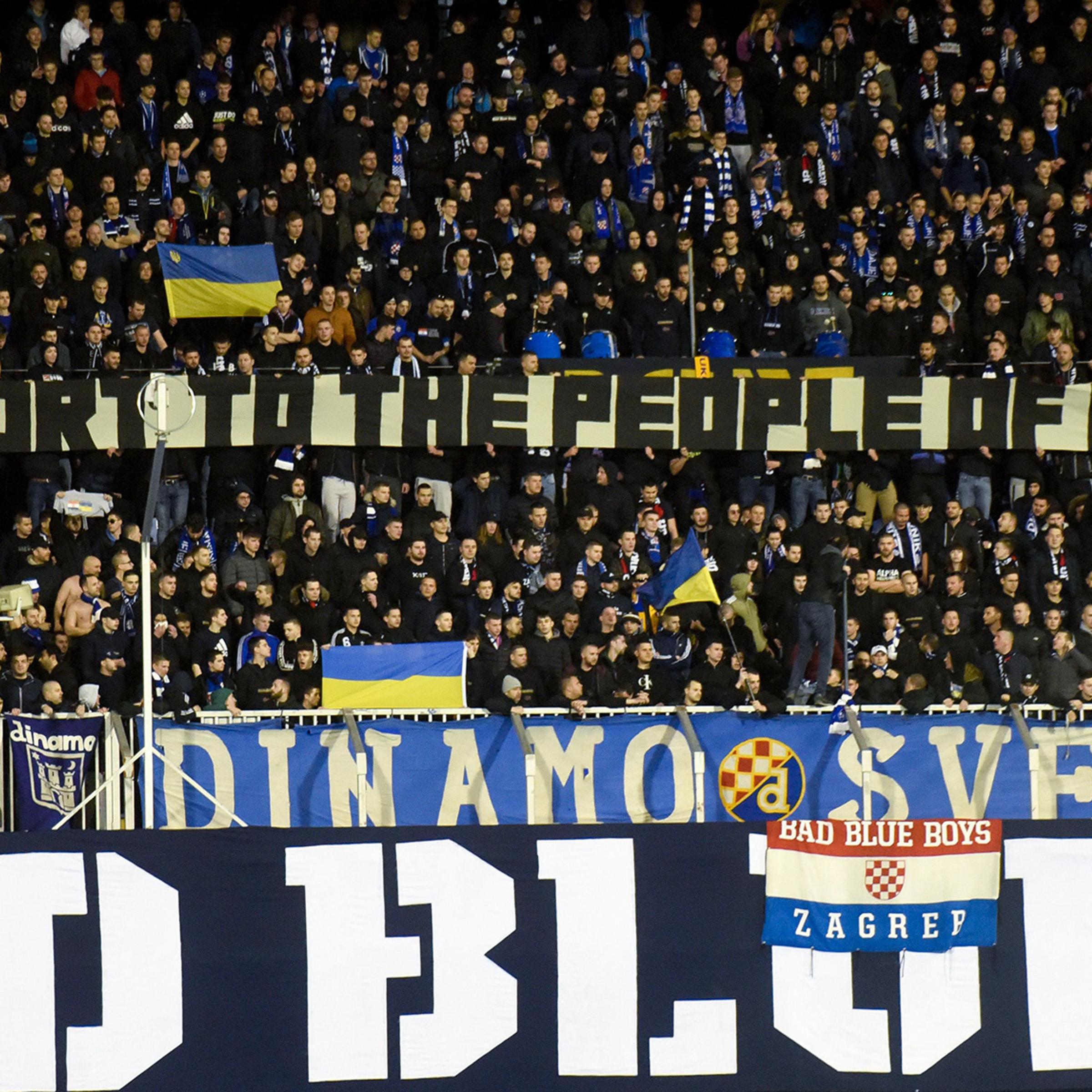 Dinamo Zagreb supporters hold a banner in support of the people of Ukraine during the UEFA Europa League football second leg match between Dinamo Zagreb and Sevilla FC at the Maksimir stadium in Zagreb, Croatia, on Feb. 24
