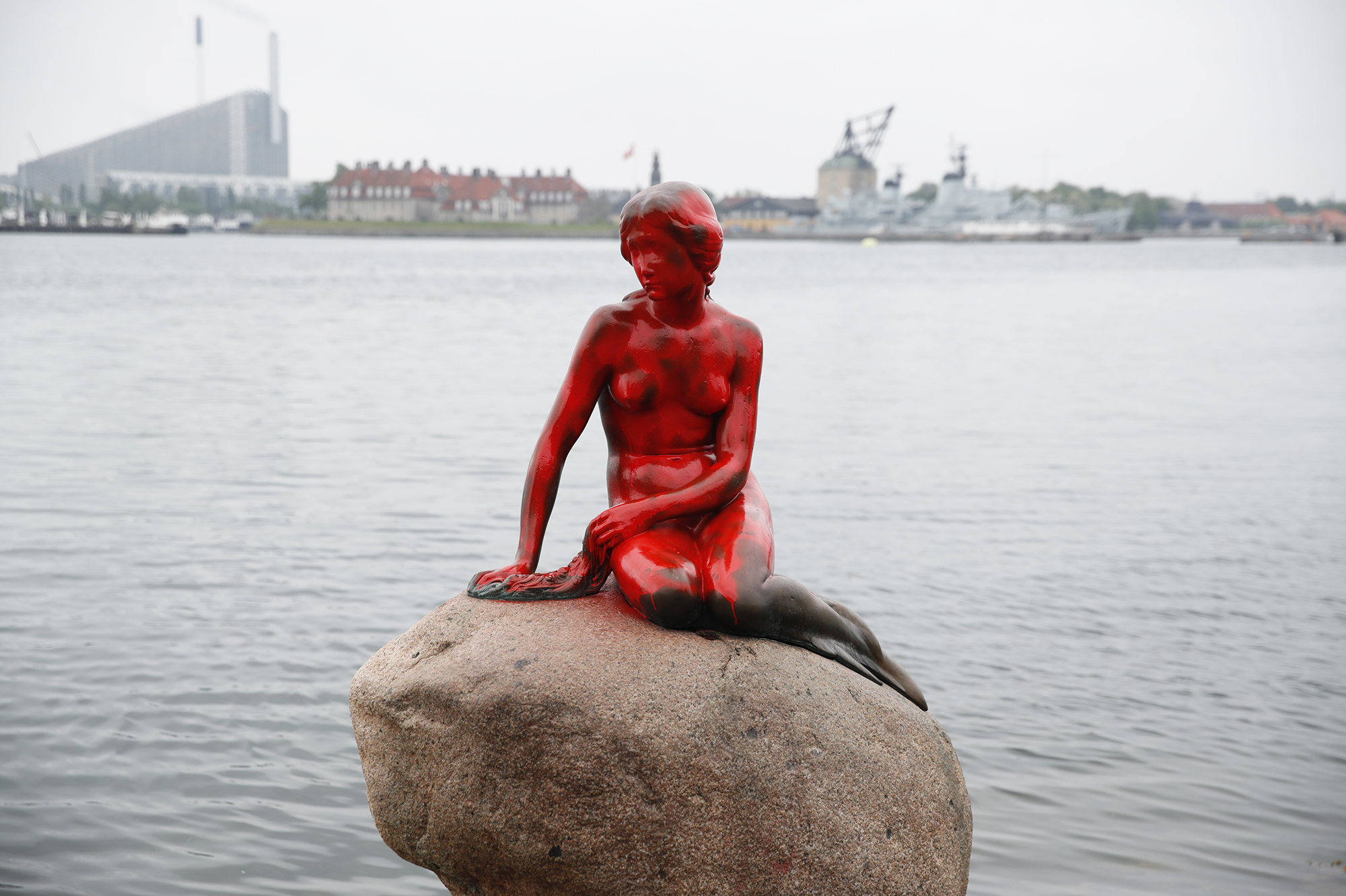 Little Mermaid Statue in Copenhagen Drenched in Red Paint