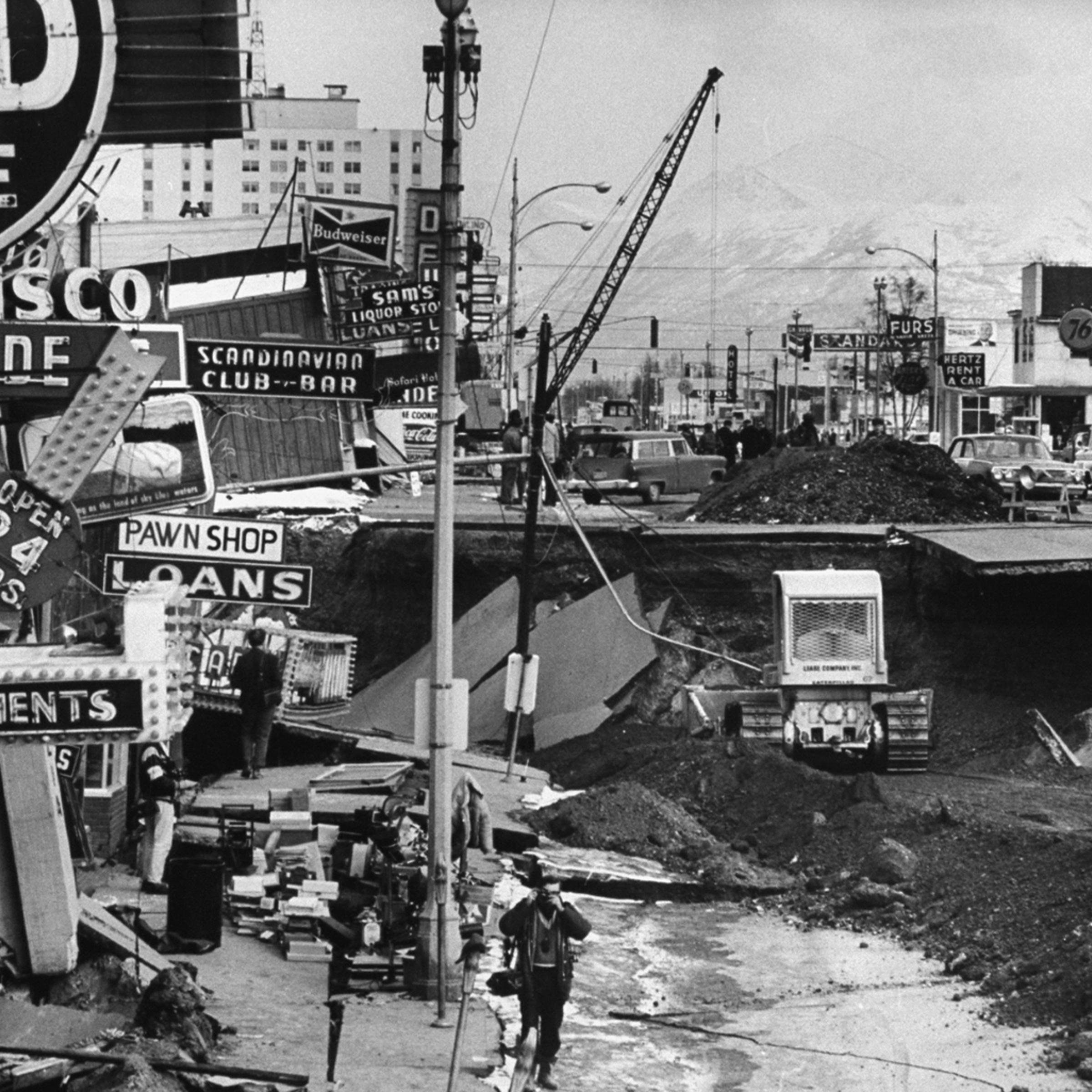 In downtown Anchorage, the buildings and the pavement dropped 20 feet, dividing Fourth Avenue into two levels and leaving a weird jumble of signs.
