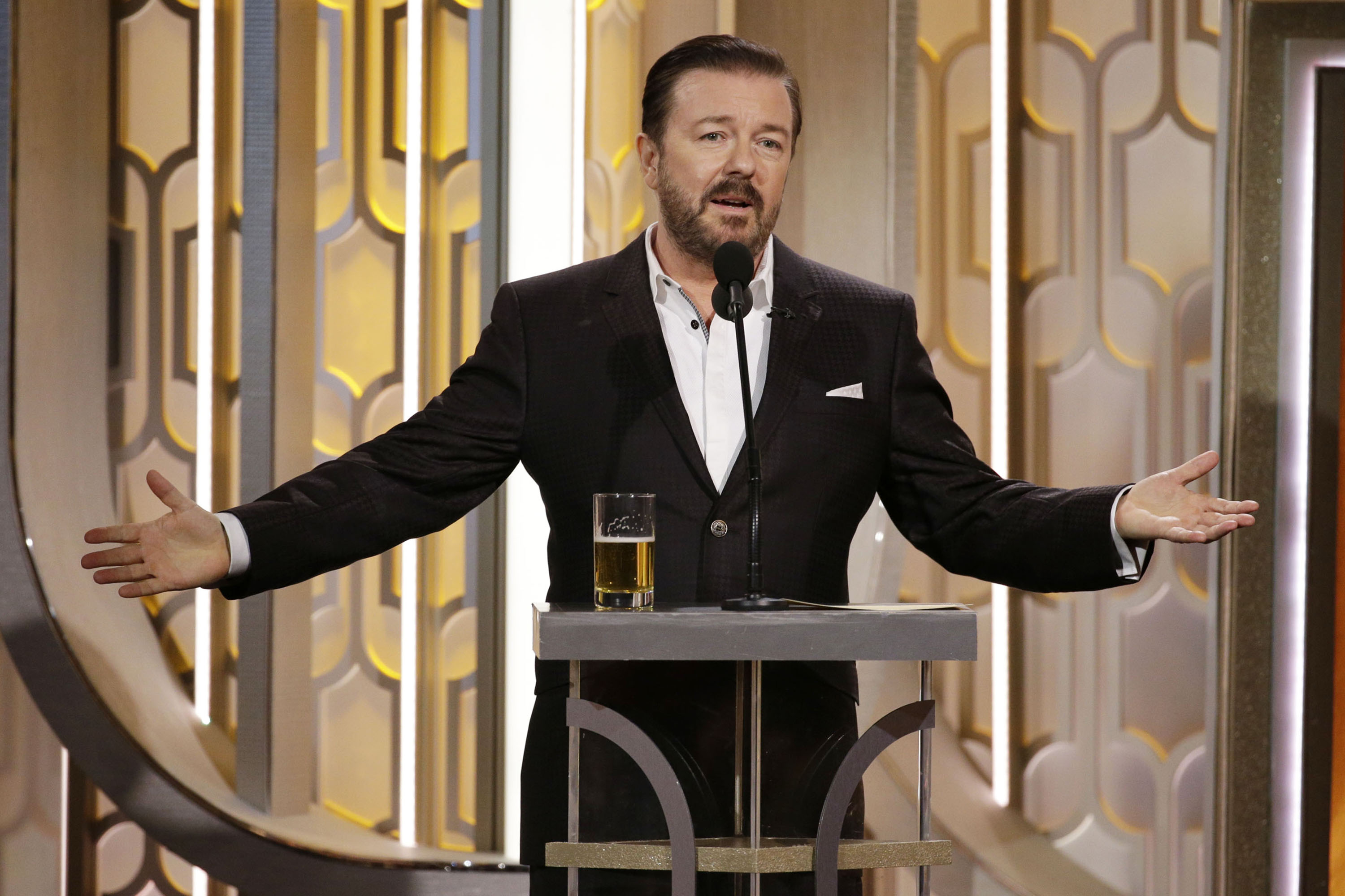 Ricky Gervais speaks onstage during the 73rd Annual Golden Globe Awards on Jan. 10, 2016 in Beverly Hills, Calif.