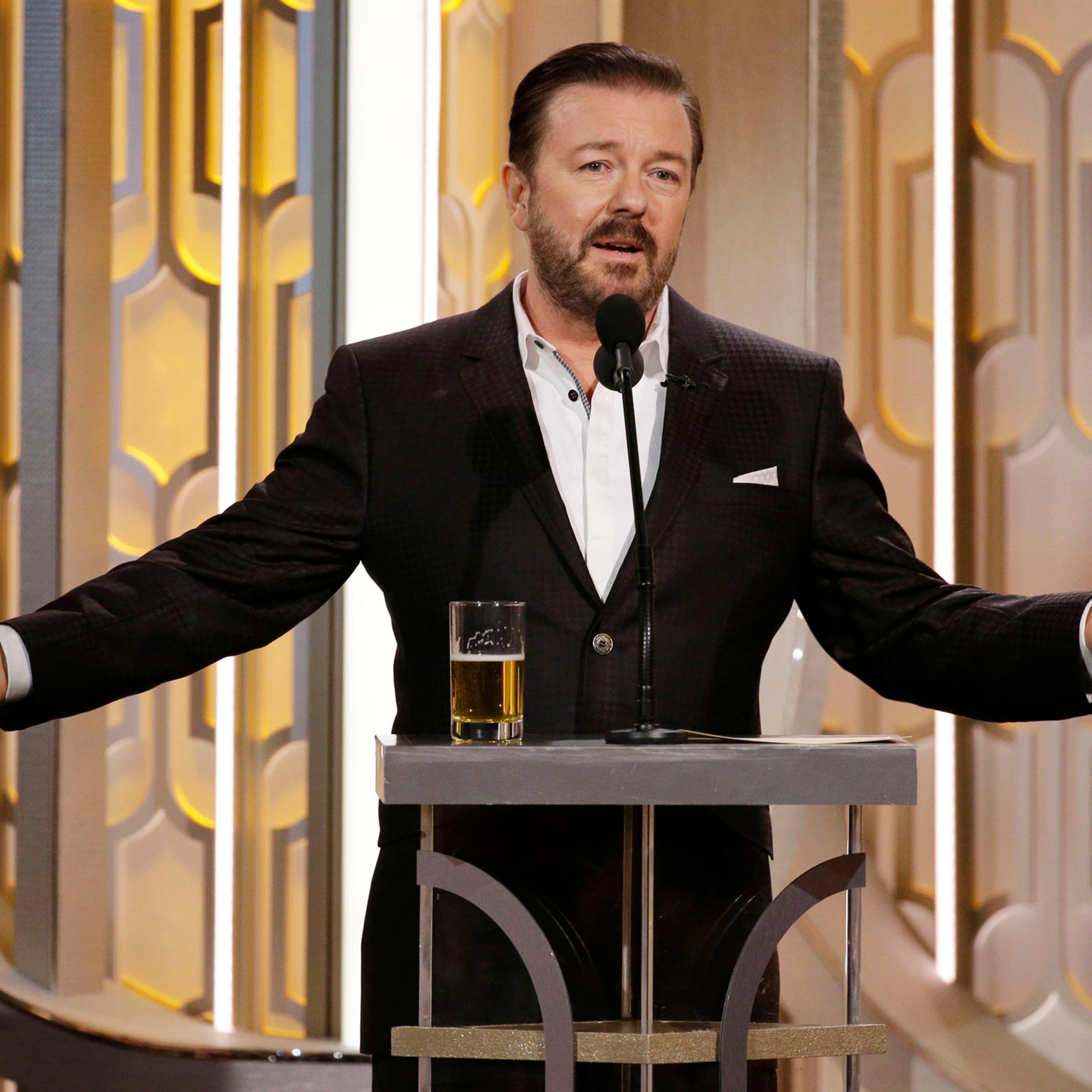 Ricky Gervais speaks onstage during the 73rd Annual Golden Globe Awards on Jan. 10, 2016 in Beverly Hills, Calif.