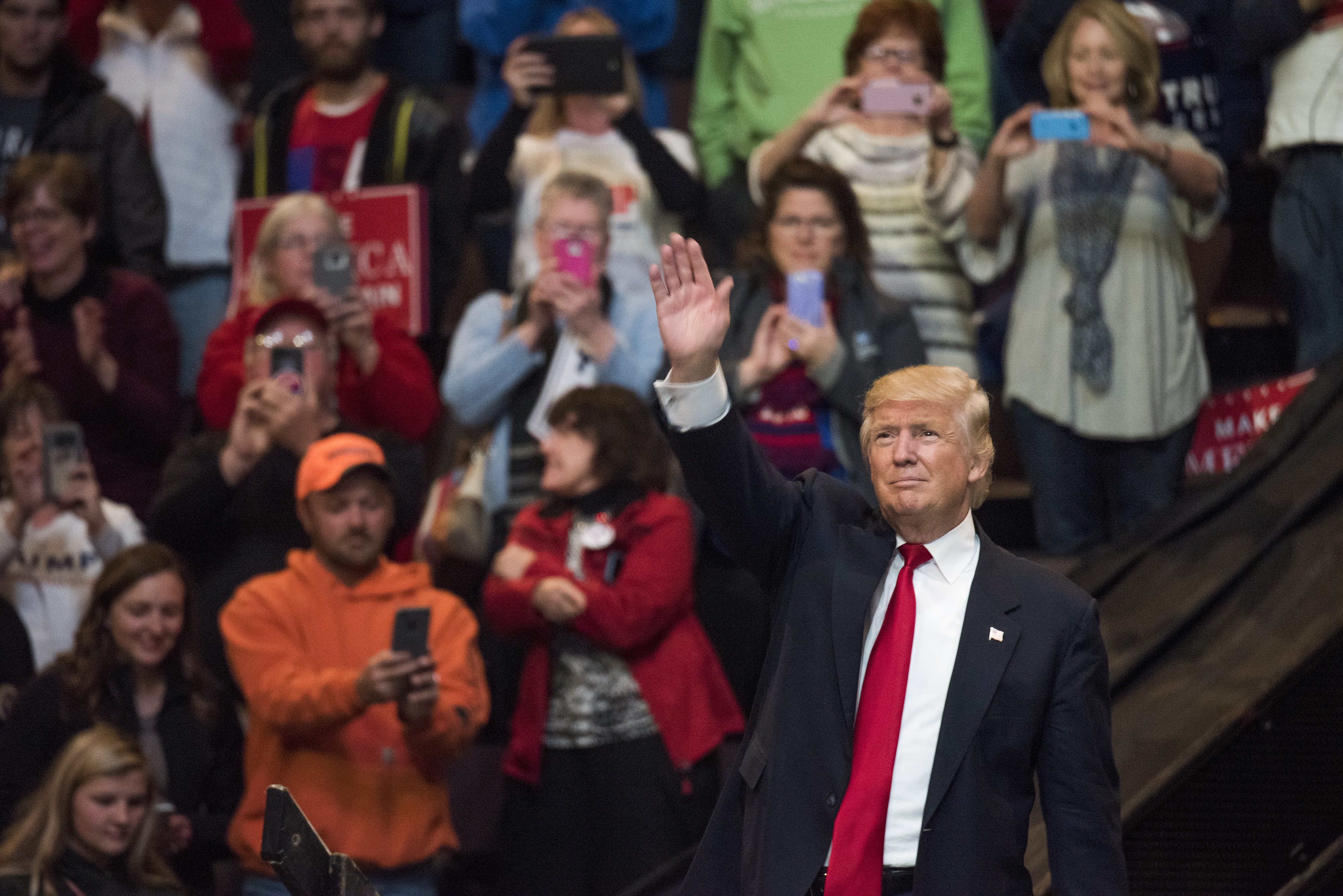 President-elect Donald Trump acknowledges the crowd after speaking at U.S. Bank Arena on December 1, 2016 in Cincinnati, Ohio.