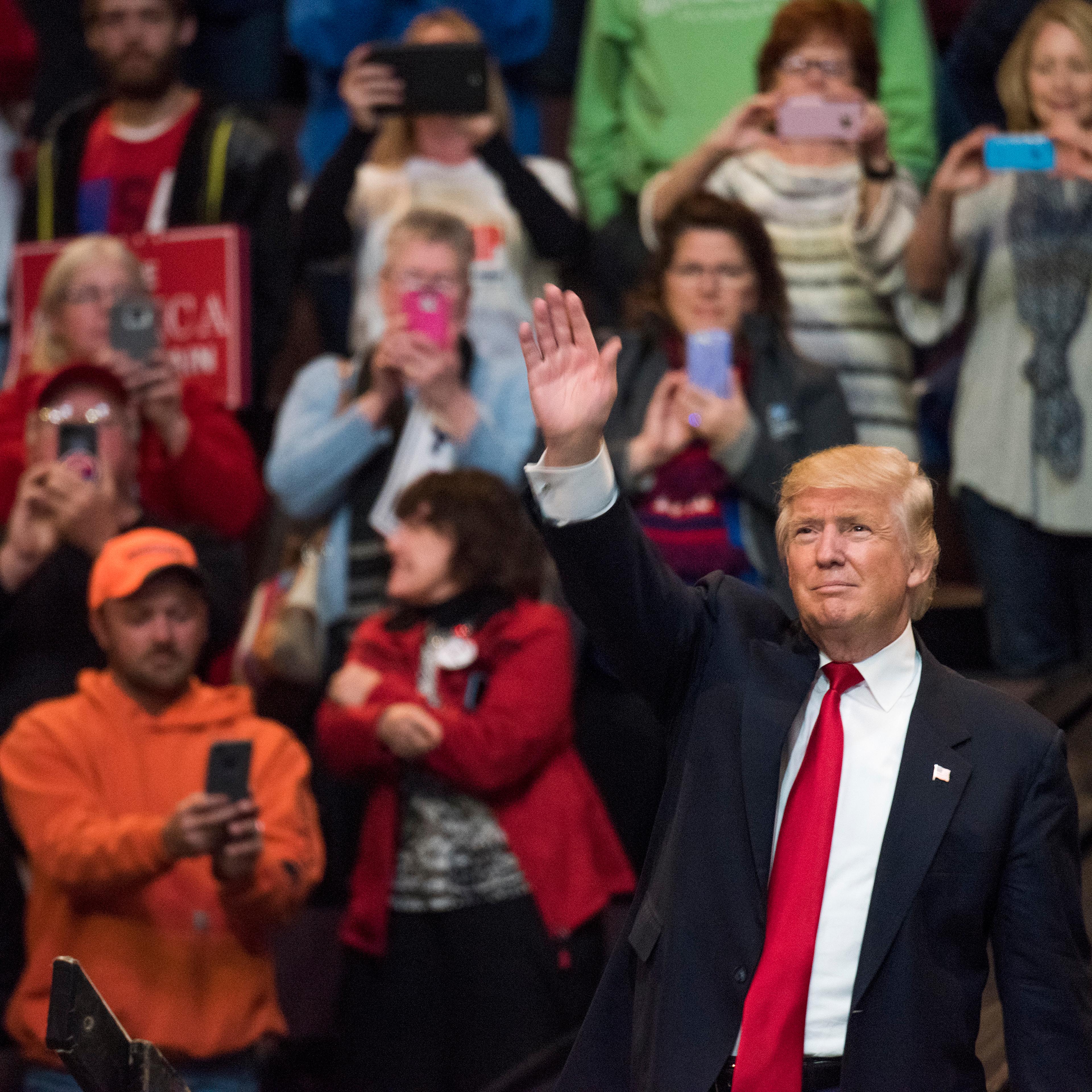President-elect Donald Trump acknowledges the crowd after speaking at U.S. Bank Arena on December 1, 2016 in Cincinnati, Ohio.