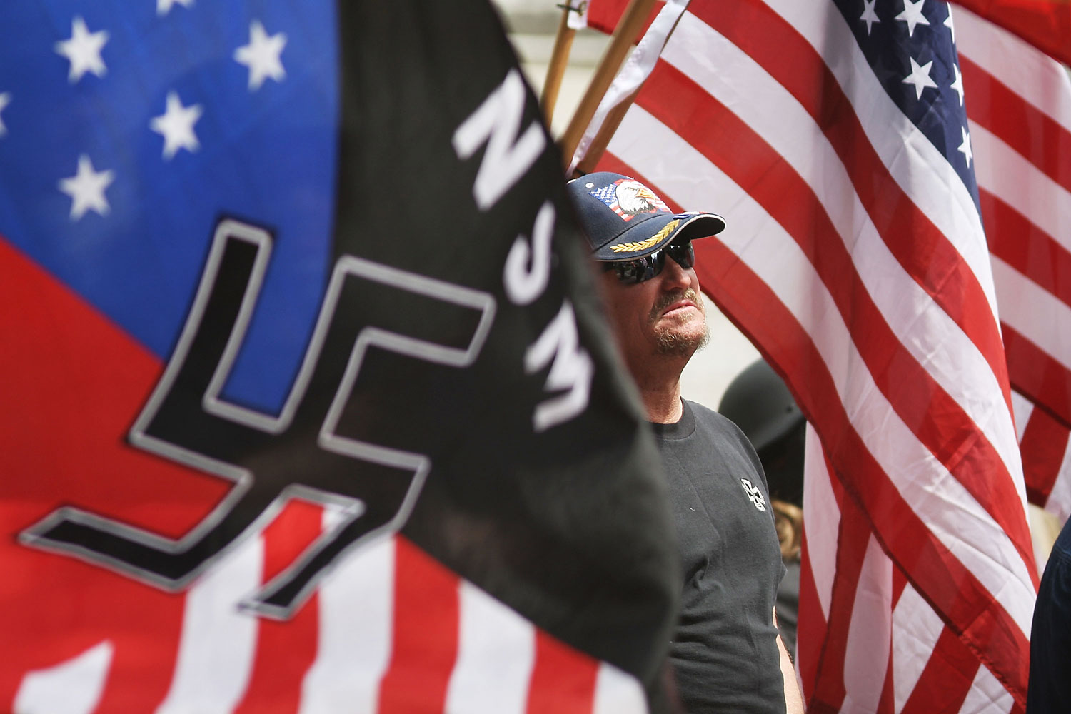 Members of the National Socialist Movement rally in Los Angeles, in 2010.