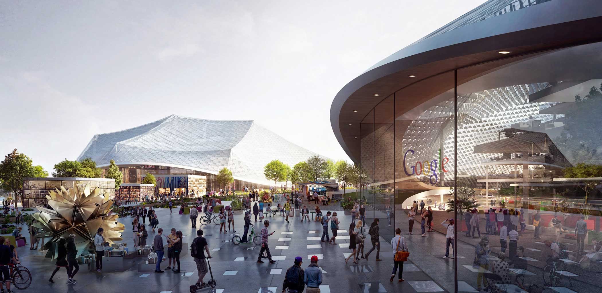 This rendering shows the west side of the proposed Shoreline building. The canopies along Shoreline Boulevard open onto a public plaza with retail spaces. Along the street, buildings are 2 or 3 stories, with taller areas toward the center of the structur