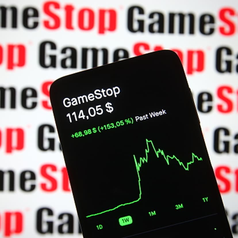 In this photo illustration, the GameStop (GME) stock price and a chart are seen on a smartphone screen.