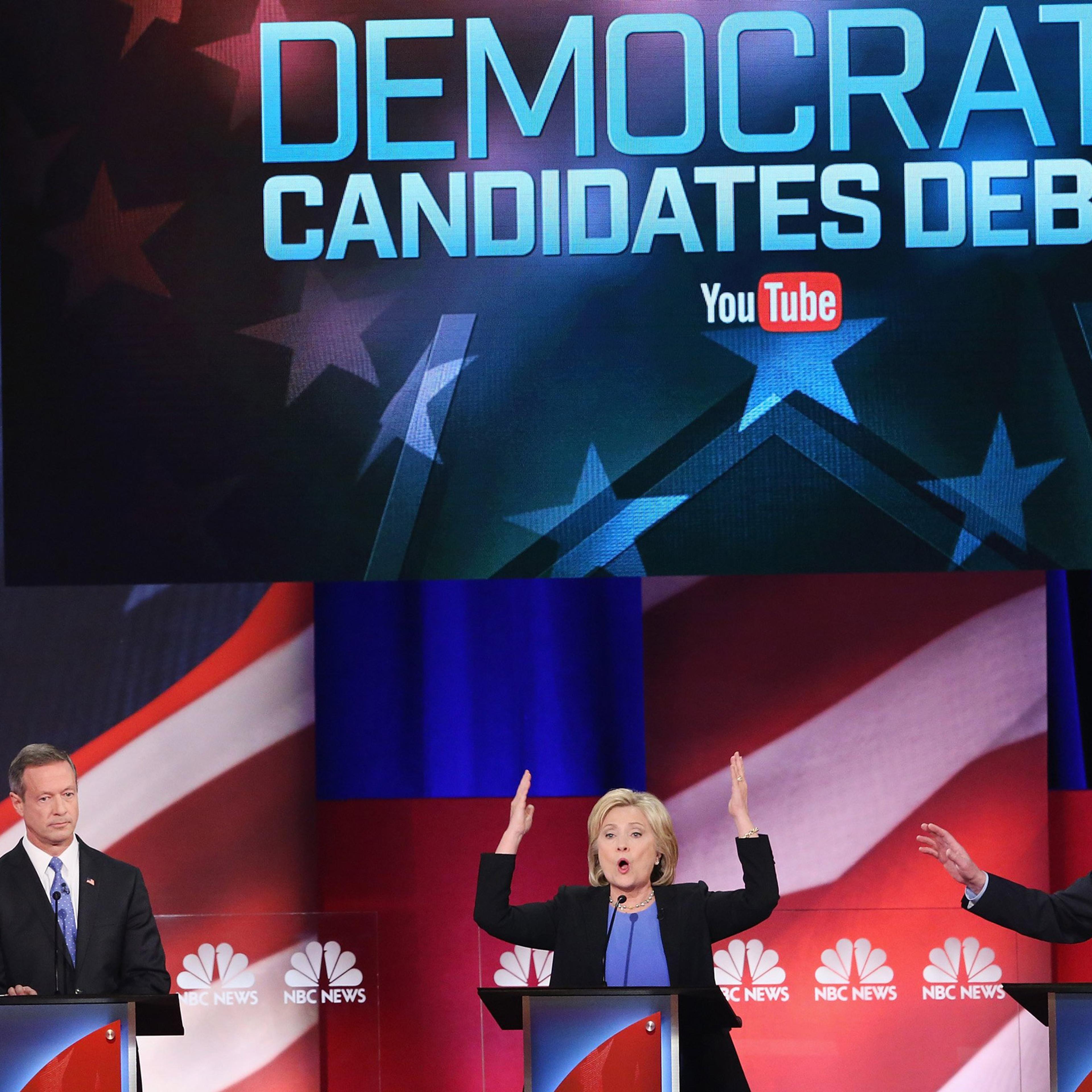 CHARLESTON, SC - JANUARY 17: Democratic presidential candidates Martin OMalley (L), Hillary Clinton (C) and Senator Bernie Sanders (I-VT) participate in the Democratic Candidates Debate hosted by NBC News and YouTube on January 17, 2016 in Charleston, So
