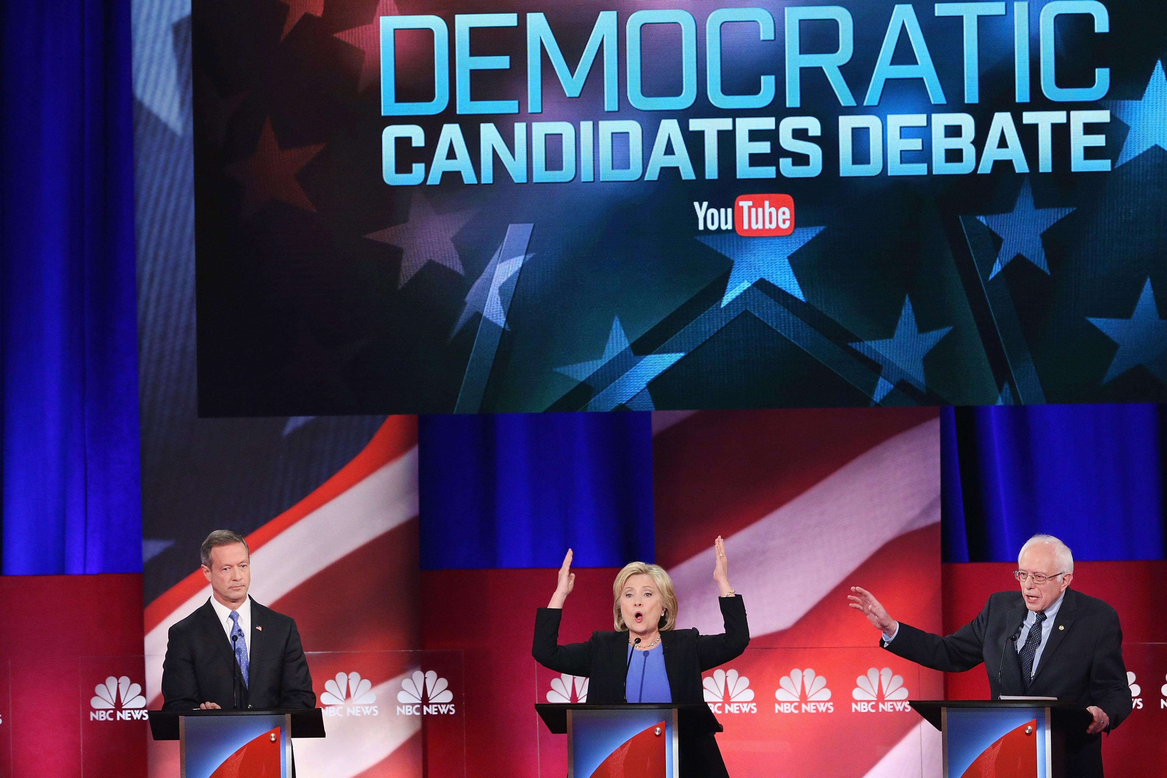 CHARLESTON, SC - JANUARY 17: Democratic presidential candidates Martin OMalley (L), Hillary Clinton (C) and Senator Bernie Sanders (I-VT) participate in the Democratic Candidates Debate hosted by NBC News and YouTube on January 17, 2016 in Charleston, So