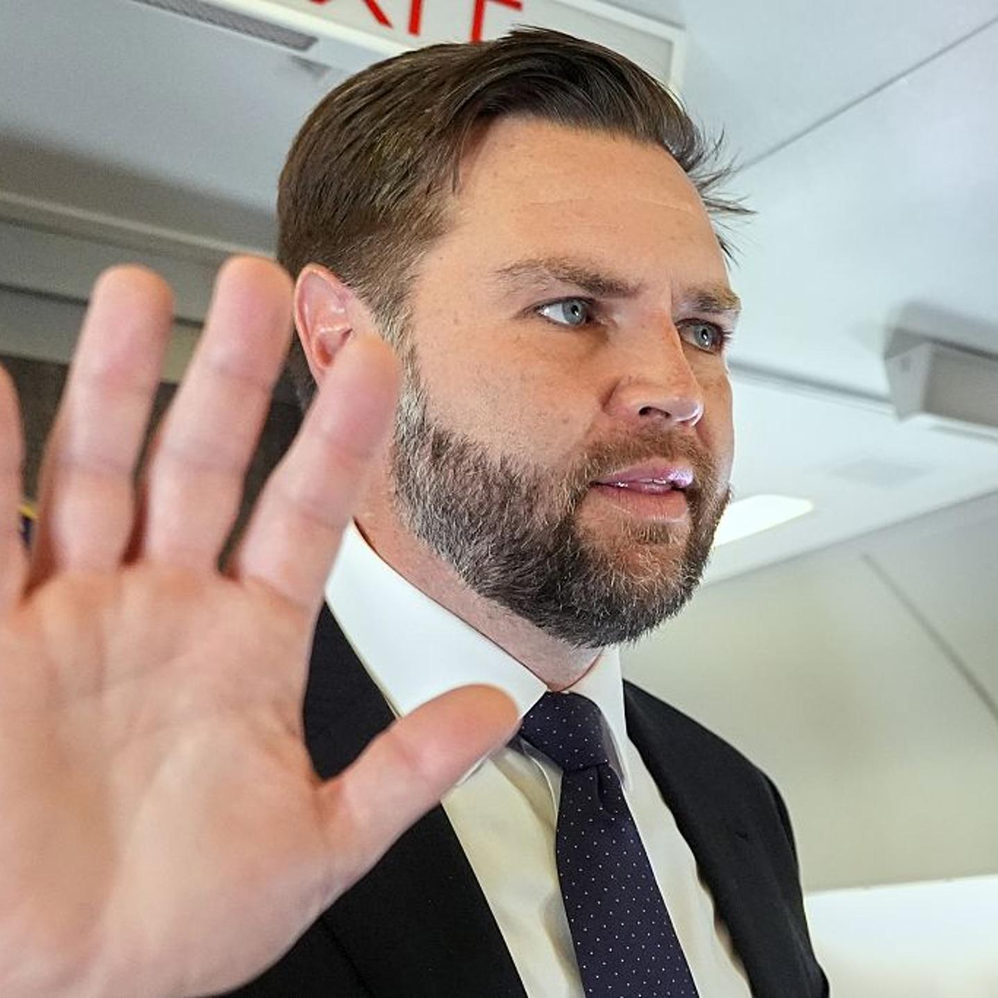 U.S. Vice President JD Vance talks to reporters on board Air Force Two at Leonardo da Vinci International Airport in Rome, Italy on May 19, 2025.
